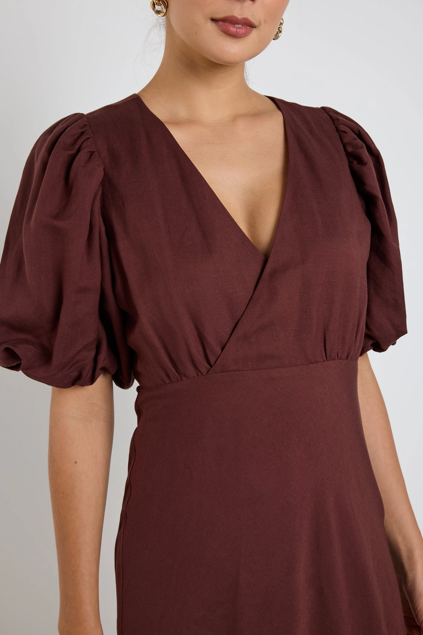Preview Chocolate Puff Sleeve V Neck Bias Midi Dress Easy Comfort Look