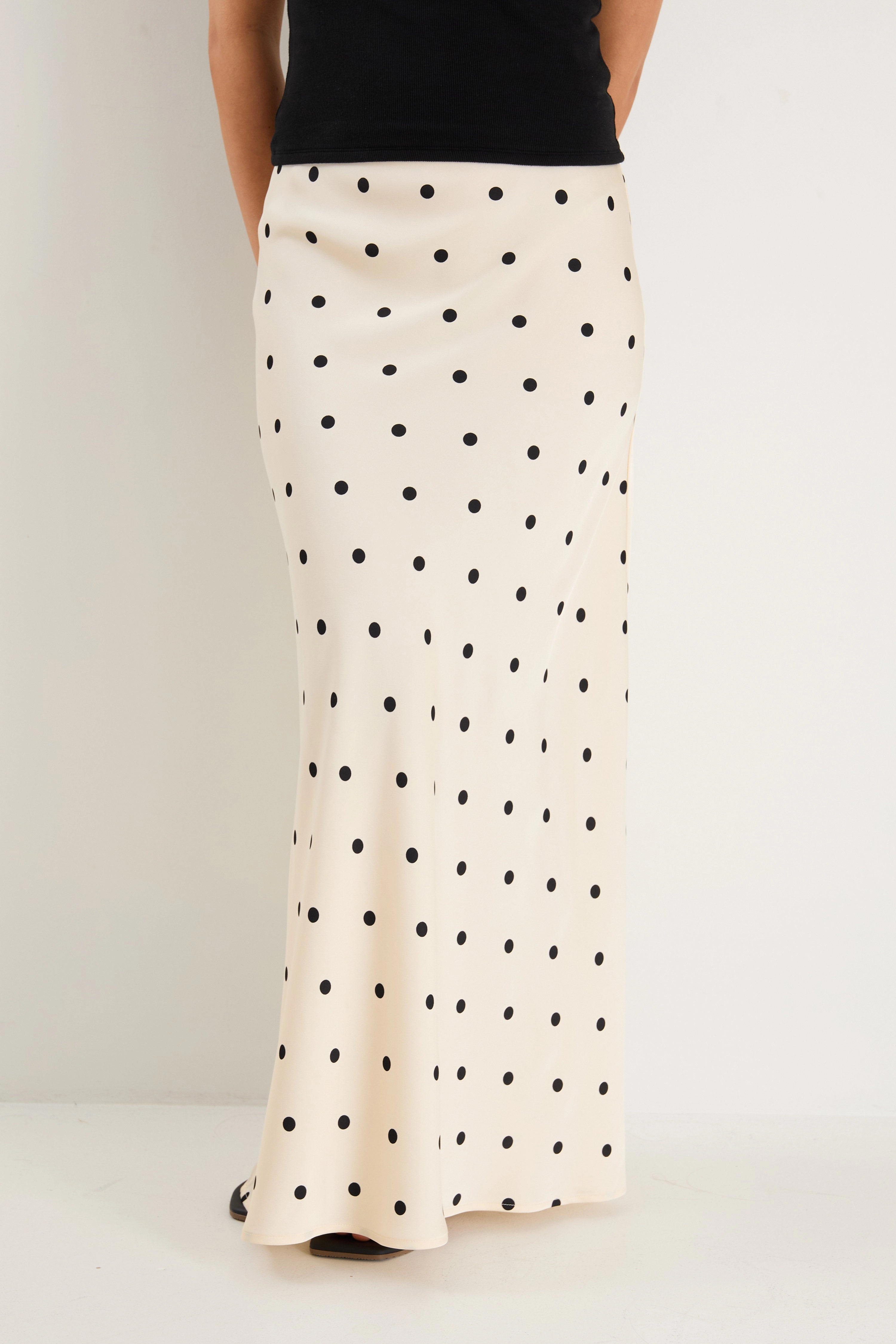 Comfortable Motion Prodigy Cream Black Polka Dot Satin Bias Cut Midi Skirt