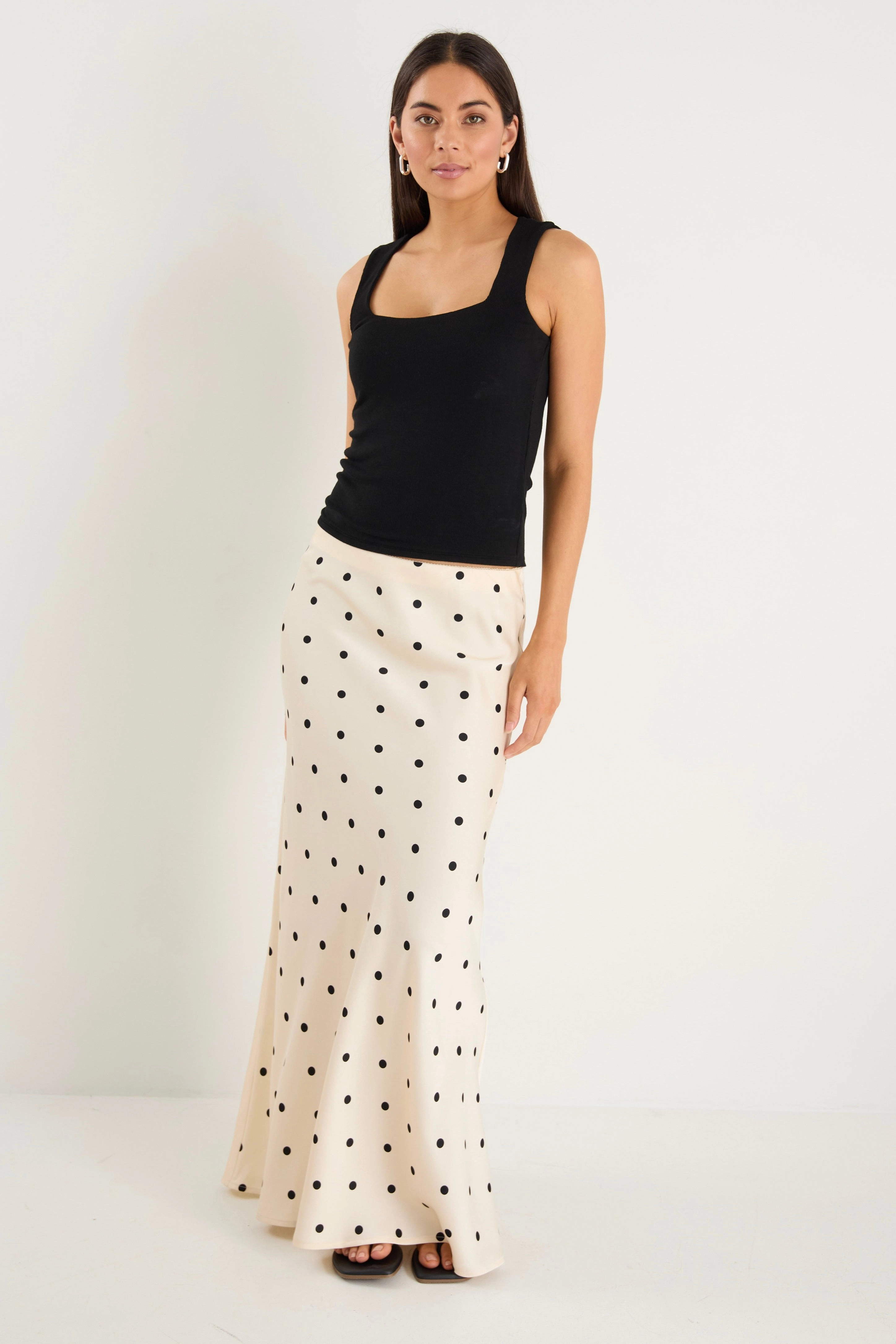Prodigy Cream Black Polka Dot Satin Bias Cut Midi Skirt Wardrobe Basics Budget Friendly