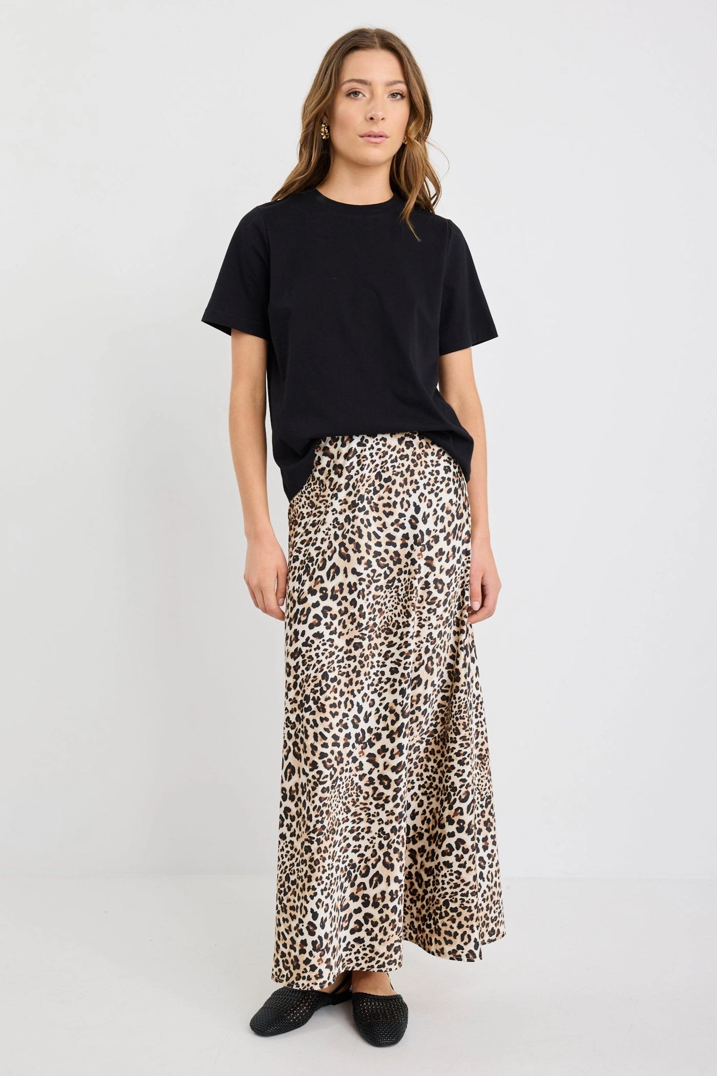 High Shine Smooth Layer Prodigy Satin Leopard Print Bias Cut Midi Skirt