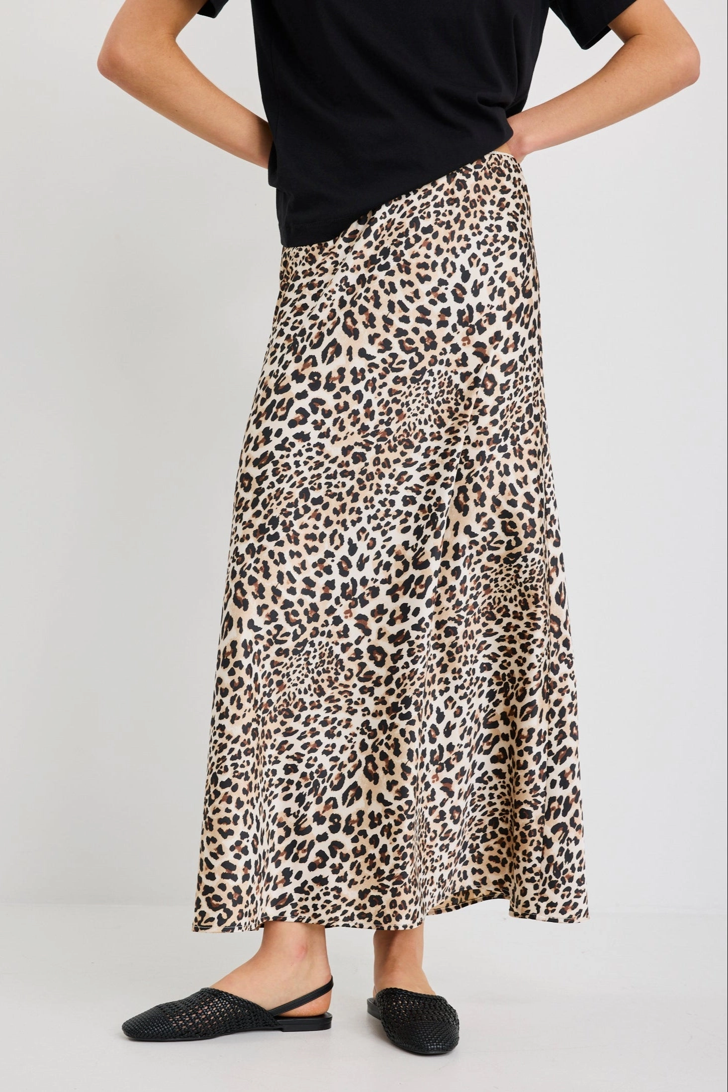 Prodigy Satin Leopard Print Bias Cut Midi Skirt Elasticized Hem Bamboo Fiber