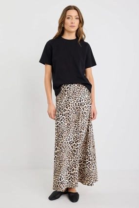 High Shine Smooth Layer Prodigy Satin Leopard Print Bias Cut Midi Skirt