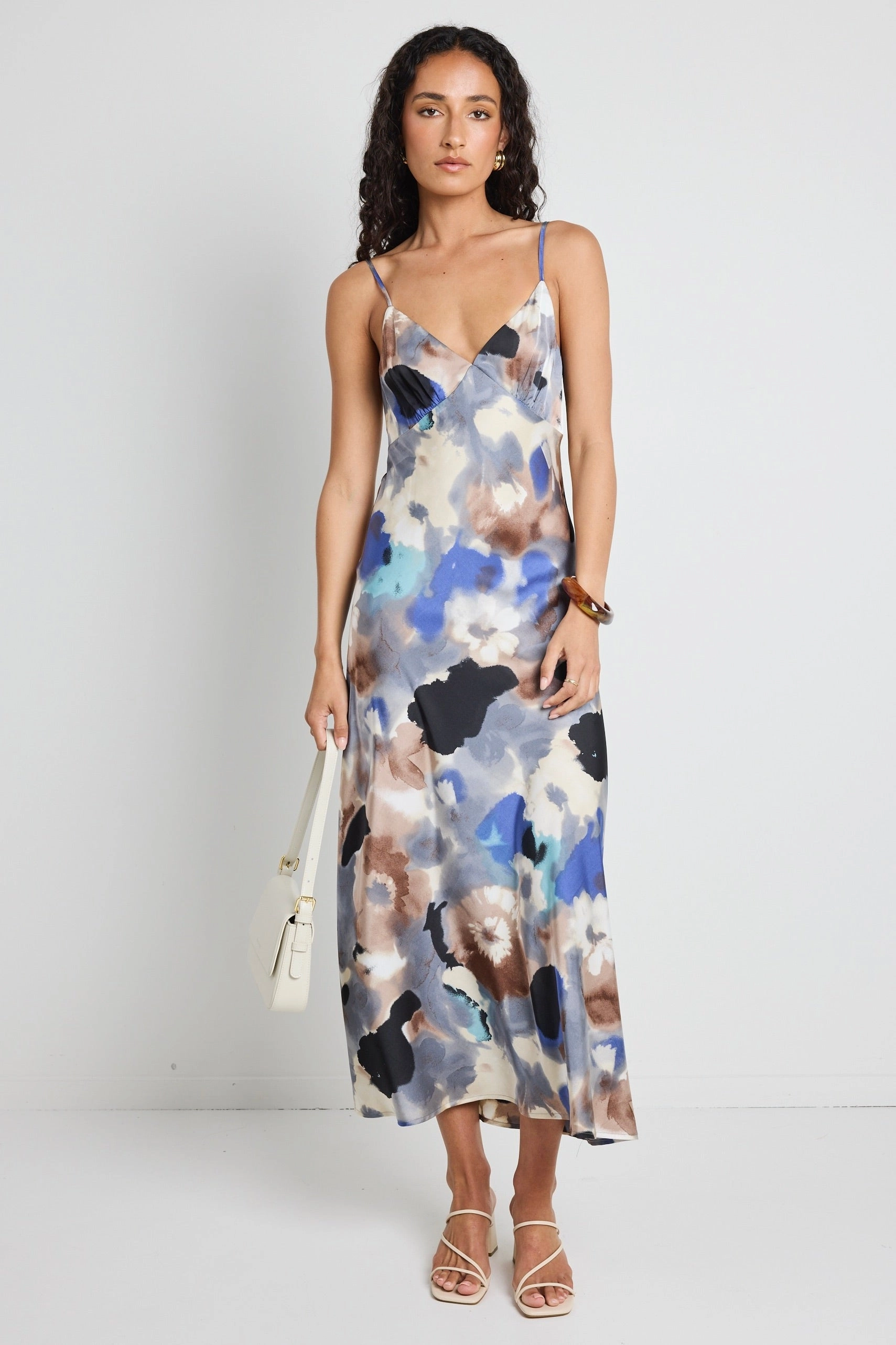 Otherworldly Navy Multi Watercolour Satin Bias Midi Slip Dress Flattering Waist Design