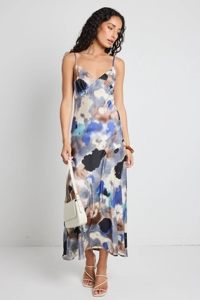 Bless Touch Body Fit Otherworldly Navy Multi Watercolour Satin Bias Midi Slip Dress