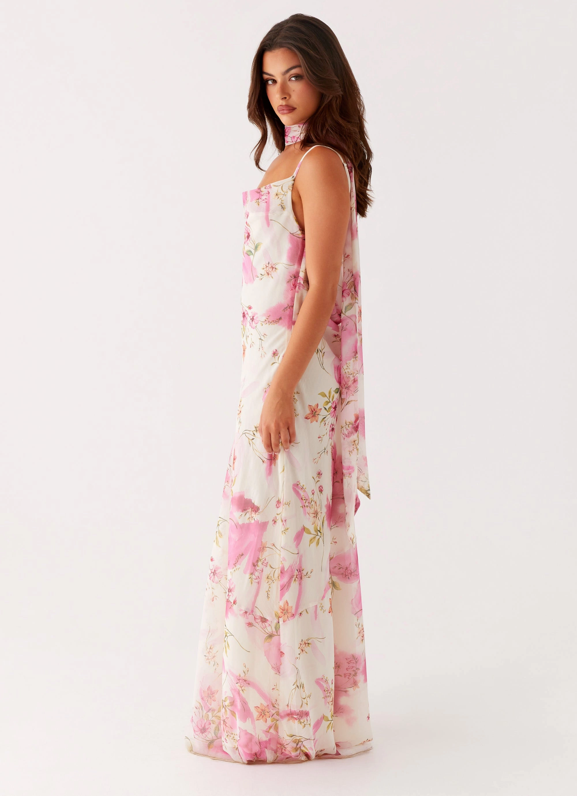 Spencer Maxi Dress - Ivory Floral Print Edge Shape Slit Detail