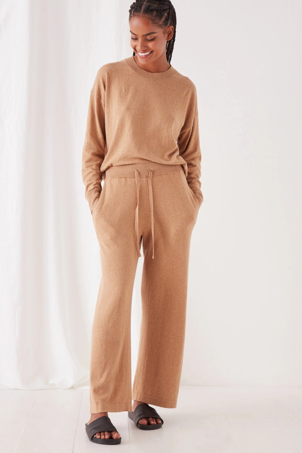 Cotton Cashmere Wide Leg Taupe Pant Flexible Waistband