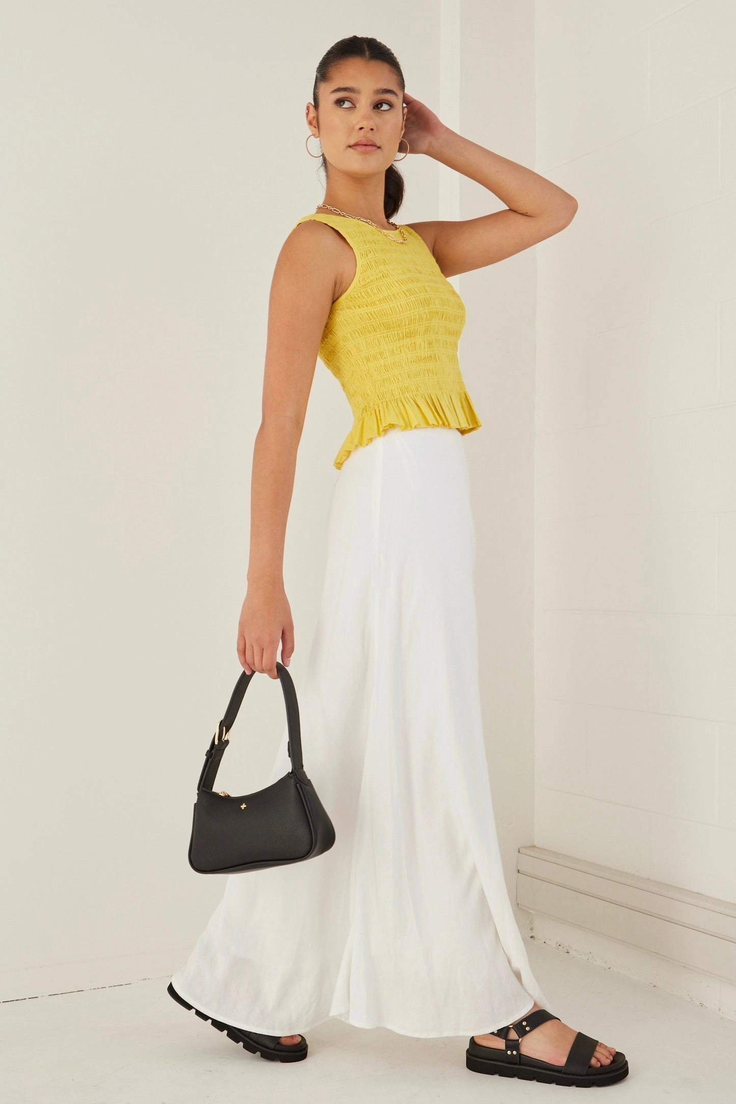 Basic Dress Assertive Sunshine Yellow Shirred Poplin Sleeveless Shell Top