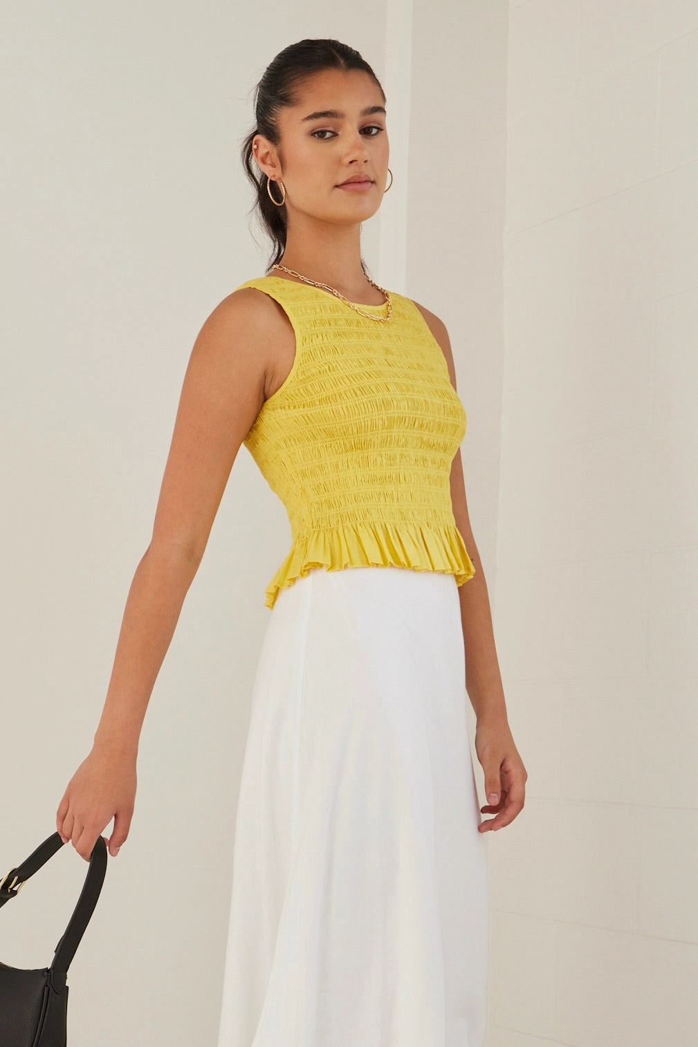 AbrasionResistant Edging LowMaintenance Fabric Assertive Sunshine Yellow Shirred Poplin Sleeveless Shell Top