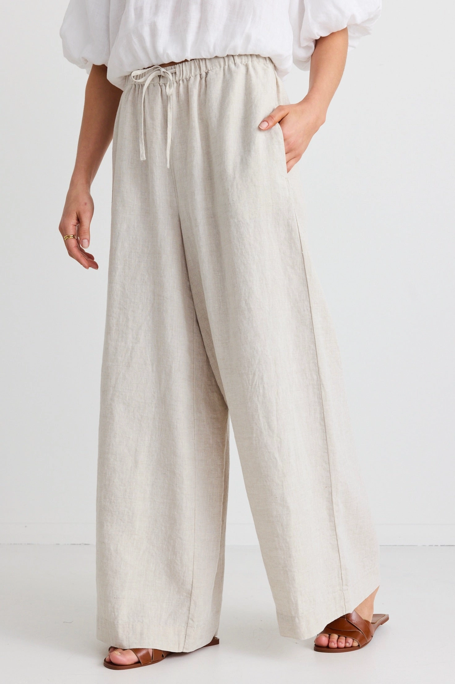 Resort Natural Linen Tie Waist Pull On Wide Pants Moisture Wicking Technology