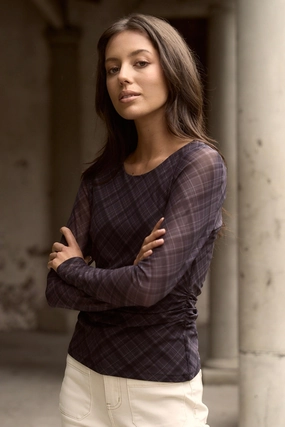 Explore Charcoal Check LS Wide Neck Top Durable Stitching