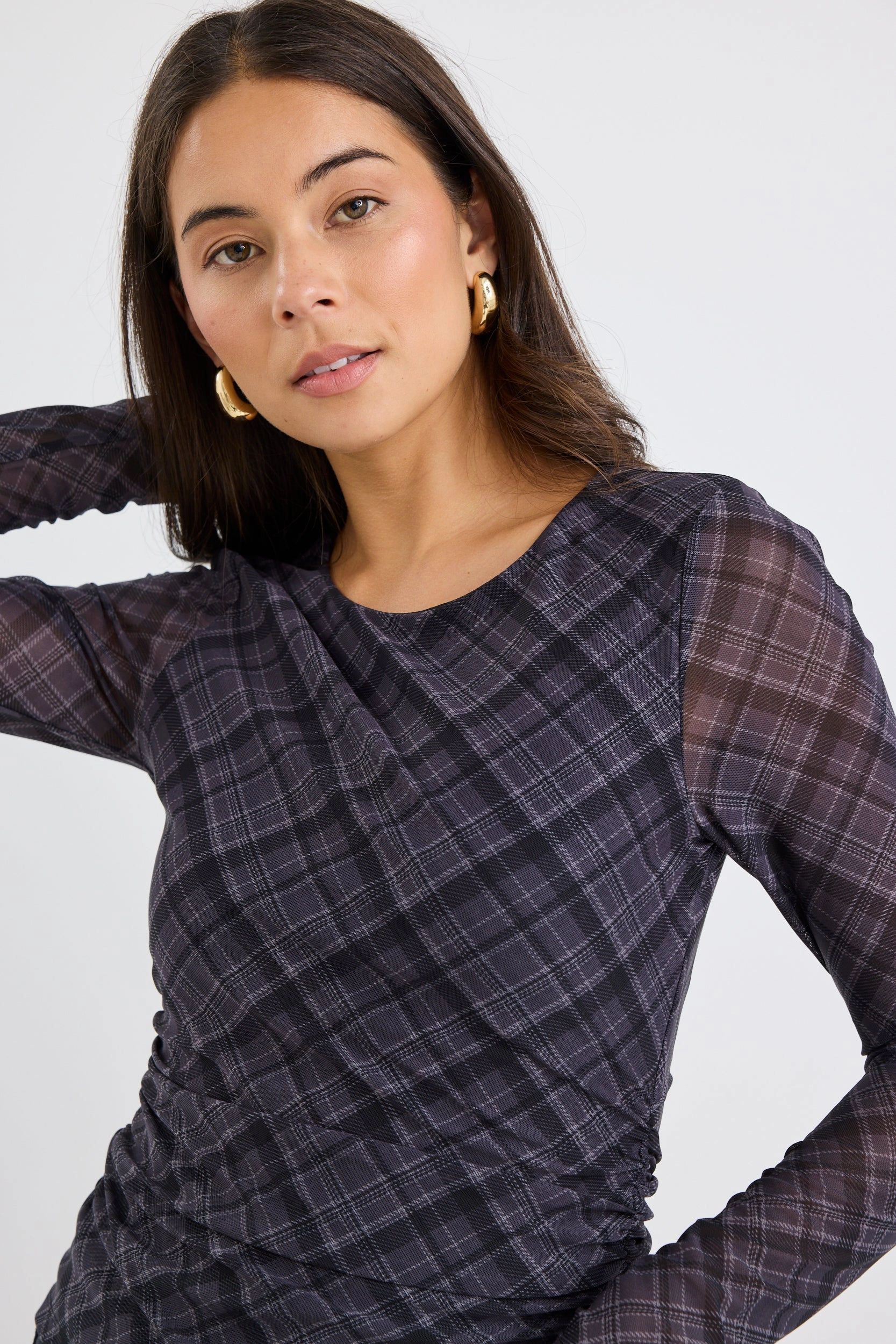 Anti Pilling Treatment Soft Blended Fabric Explore Charcoal Check LS Wide Neck Top