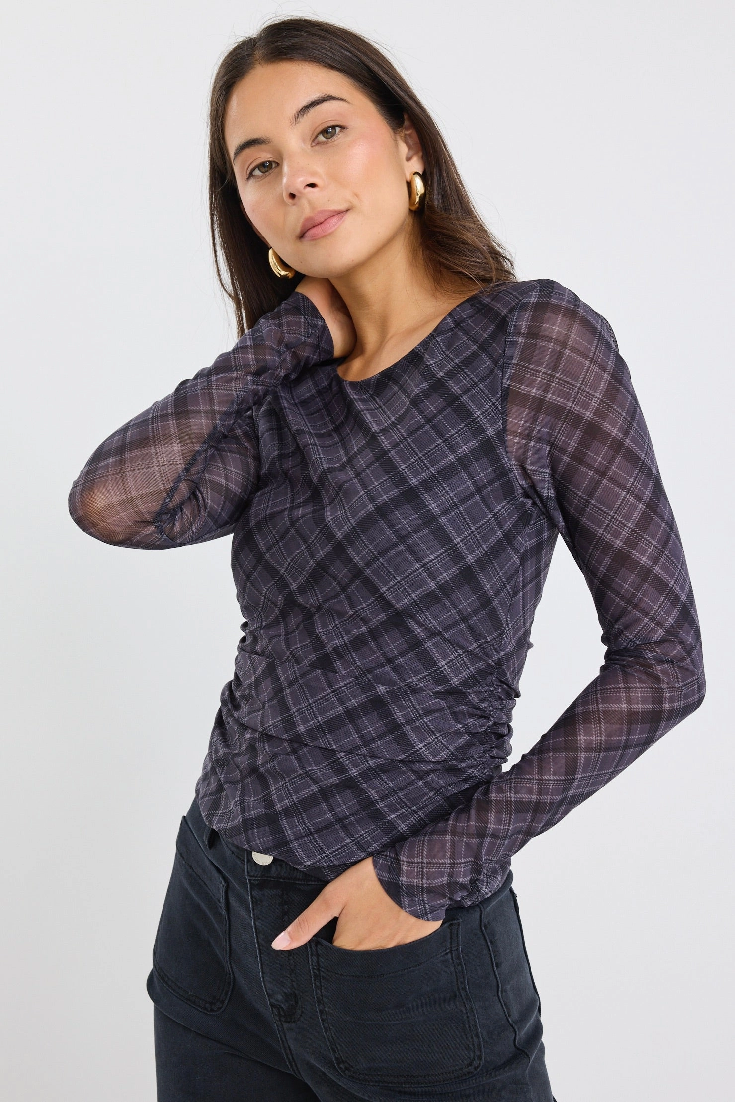 Ethically Sourced Yarn Explore Charcoal Check LS Wide Neck Top