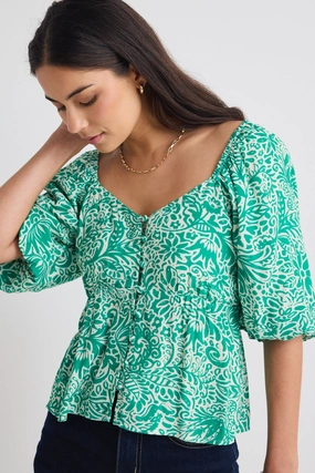 RibbedNeckline Amulet Green Batik Print Sweetheart Neck Short Sleeve Top