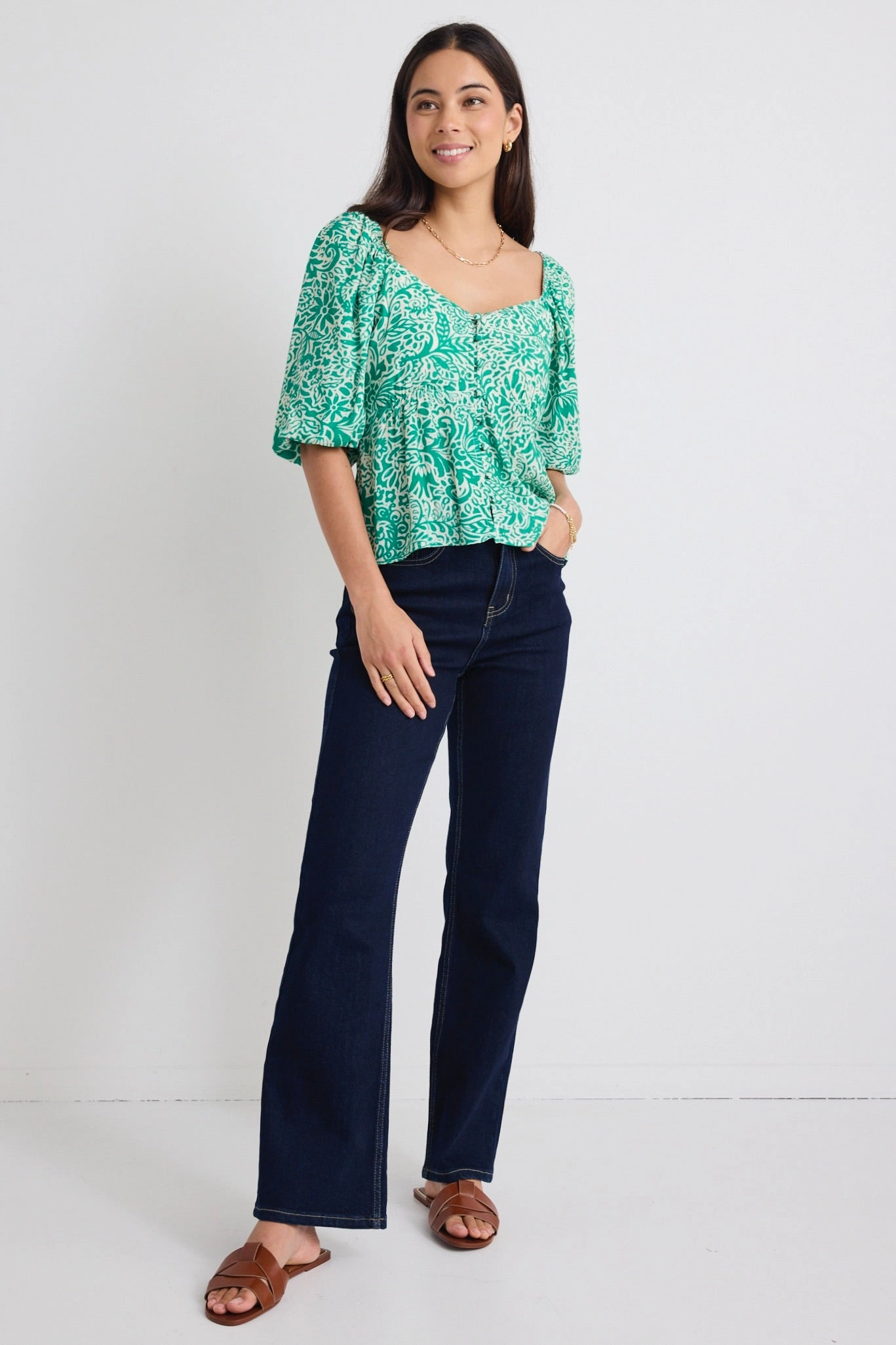 Amulet Green Batik Print Sweetheart Neck Short Sleeve Top Odor Resistant Technology