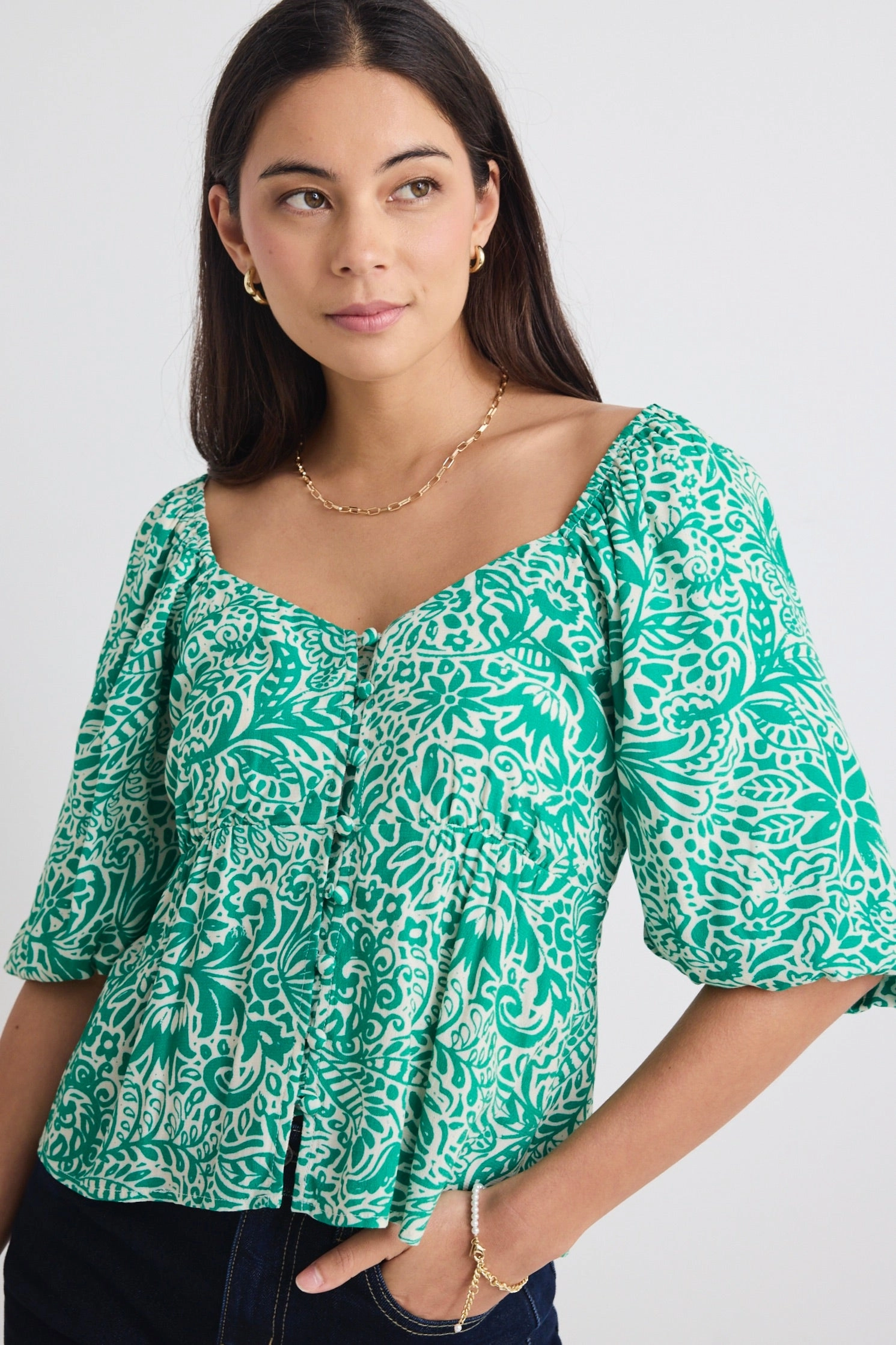 Amulet Green Batik Print Sweetheart Neck Short Sleeve Top AthleisureCompatible
