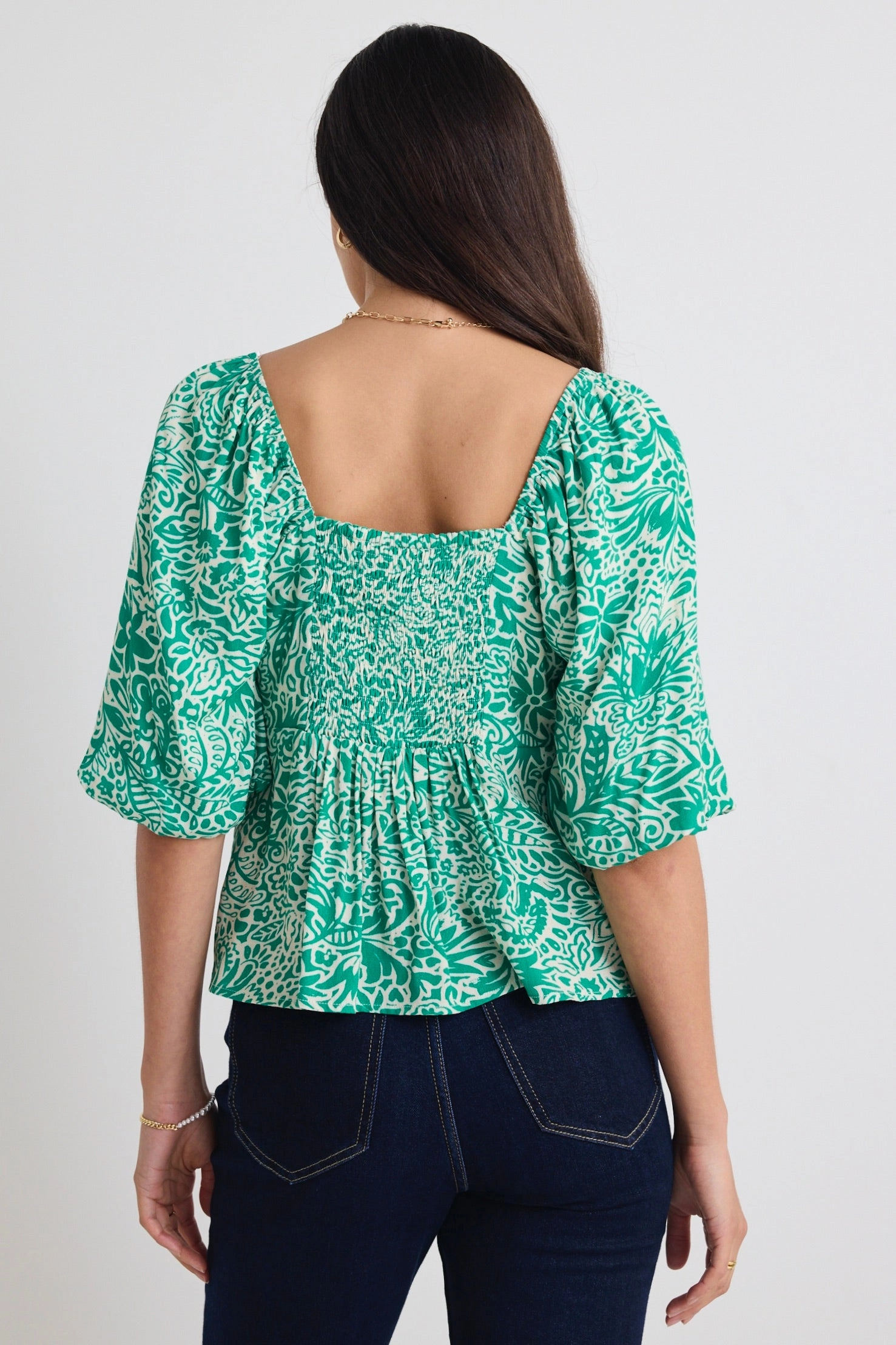 YarnDyeStripe Amulet Green Batik Print Sweetheart Neck Short Sleeve Top