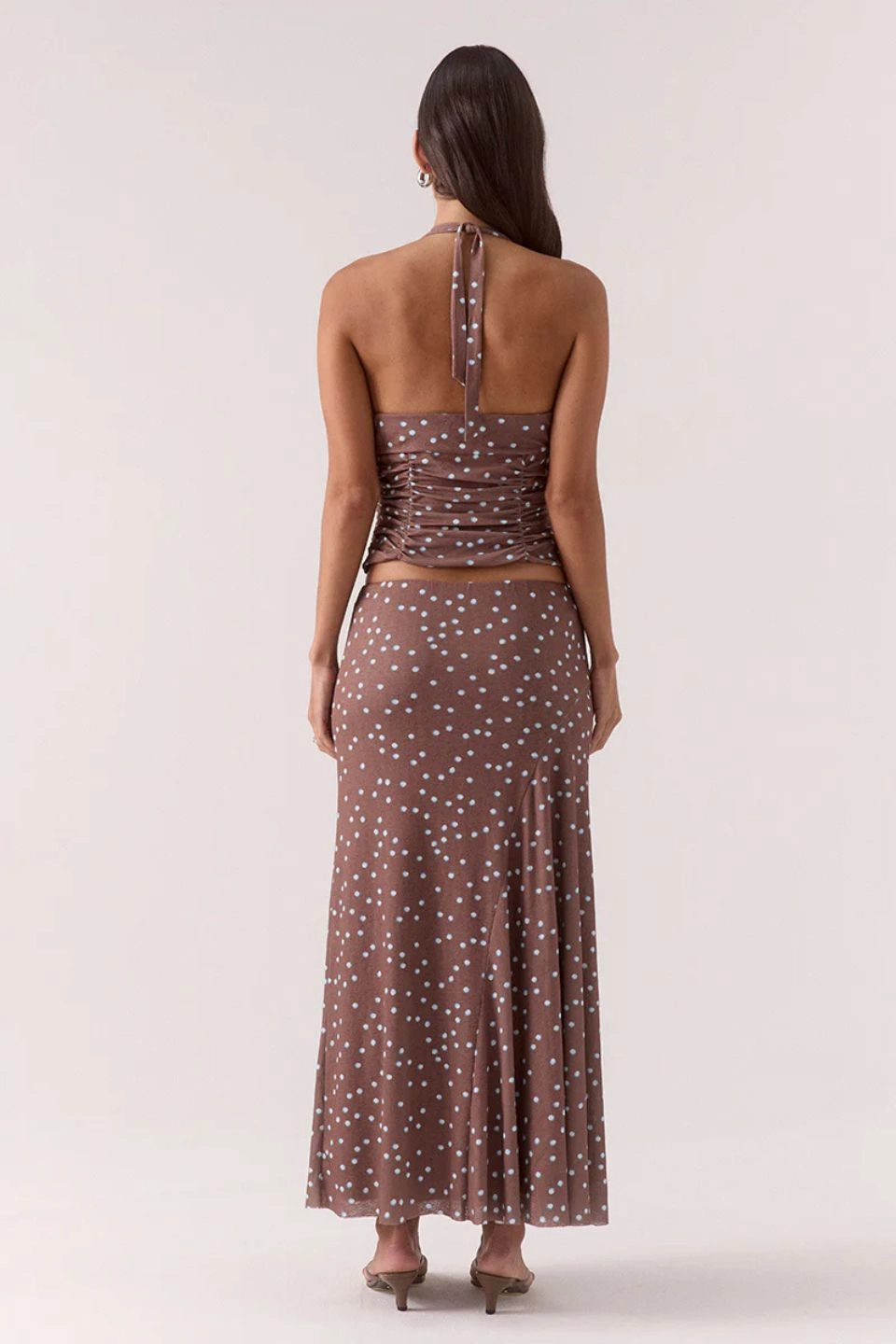 Delilah Mocha Polka Dot Halter Top Ergonomic Shoulder Cut Non Iron Fabric