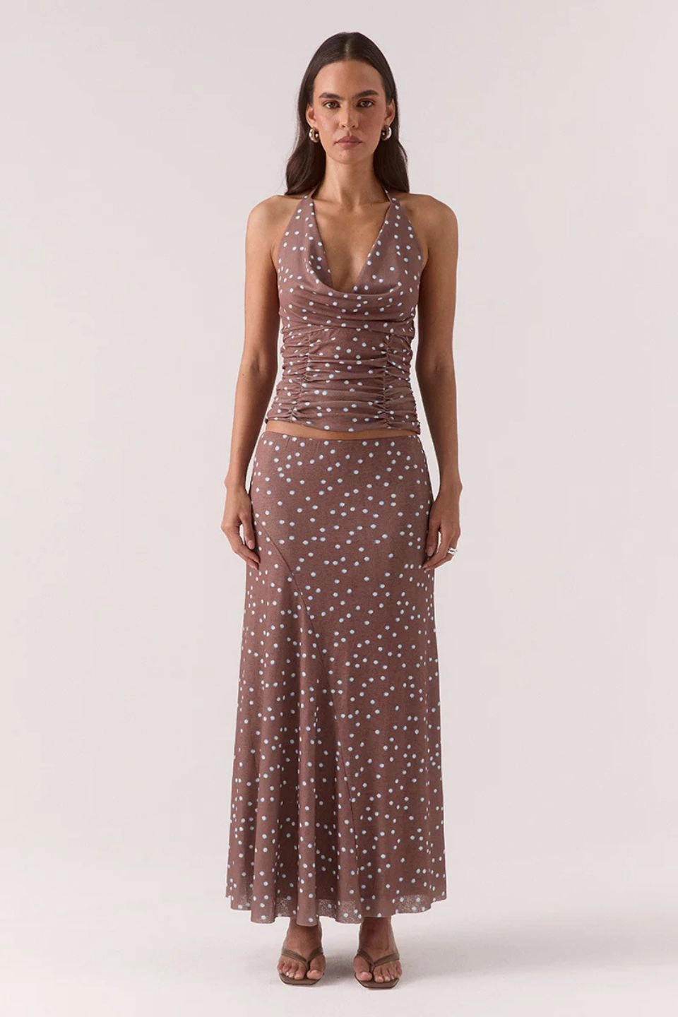 Multi Pocket Configuration Bonded Seam Innovation Delilah Mocha Polka Dot Halter Top