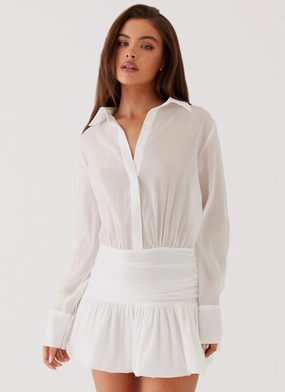 Rae Long Sleeve Shirt Dress - White Ruched-Detail