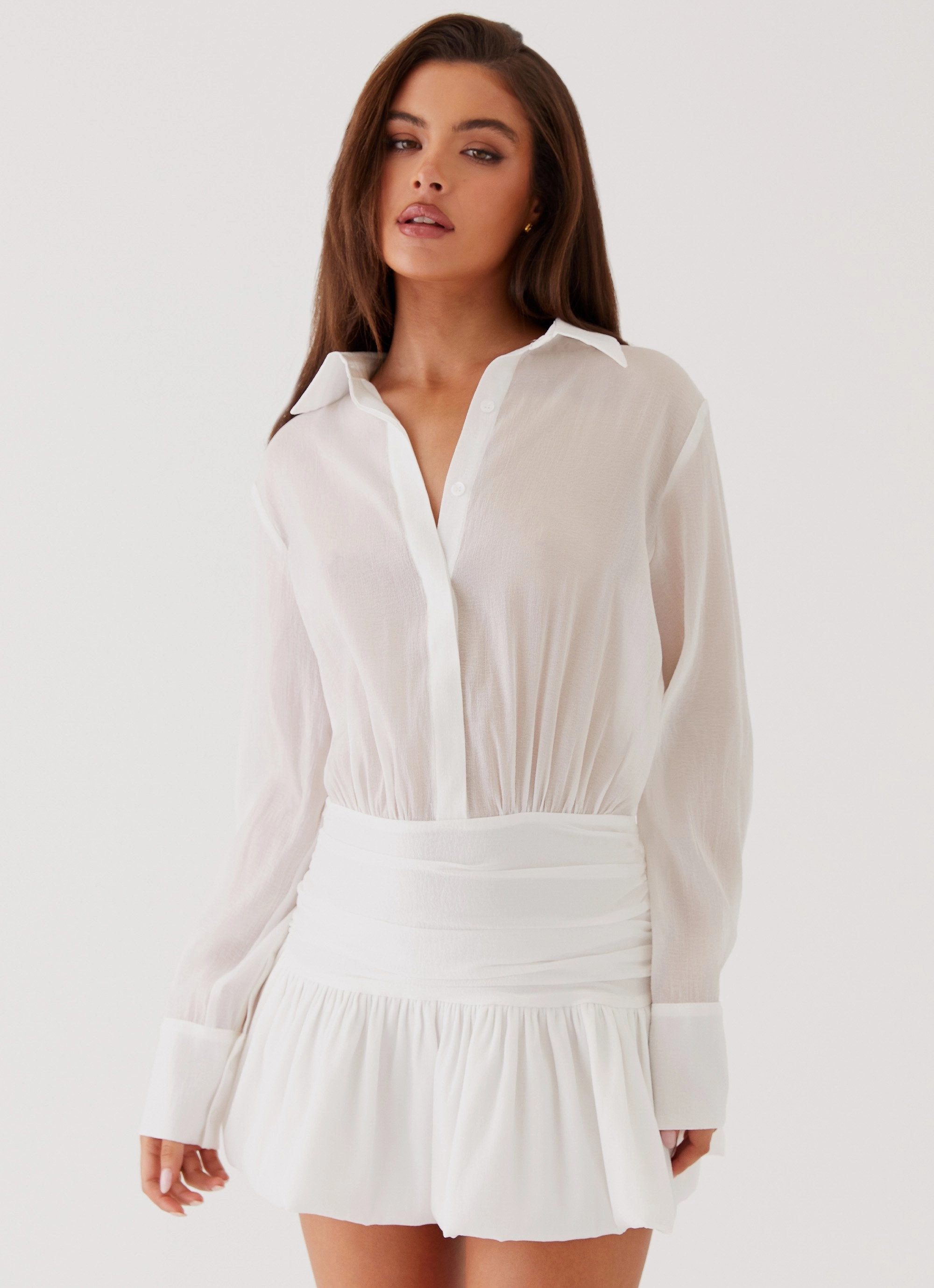Rae Long Sleeve Shirt Dress - White Ruched-Detail