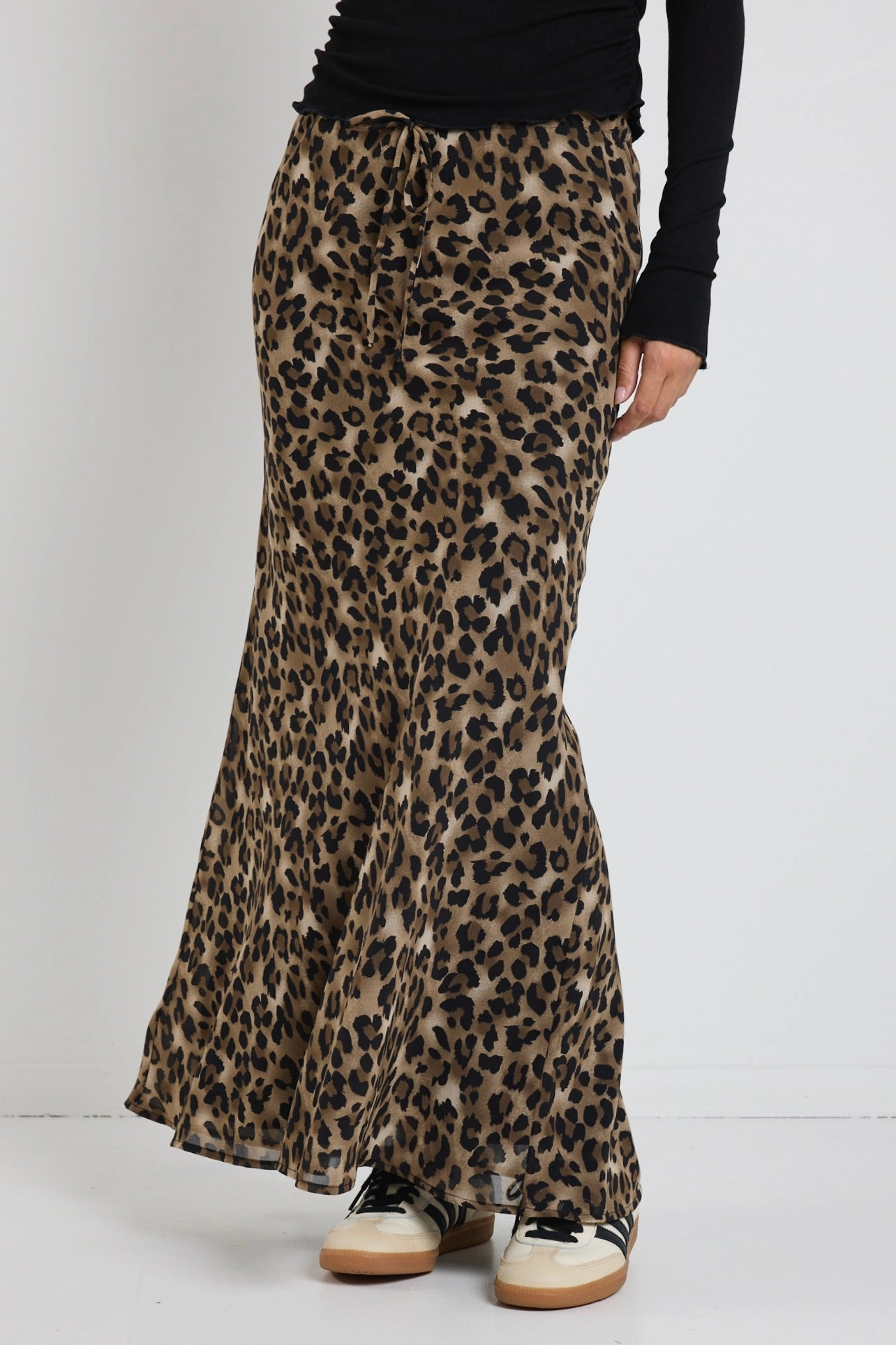 Rally Leopard Tie Waist Bias Maxi Skirt Seamless Edging Pleated Construction