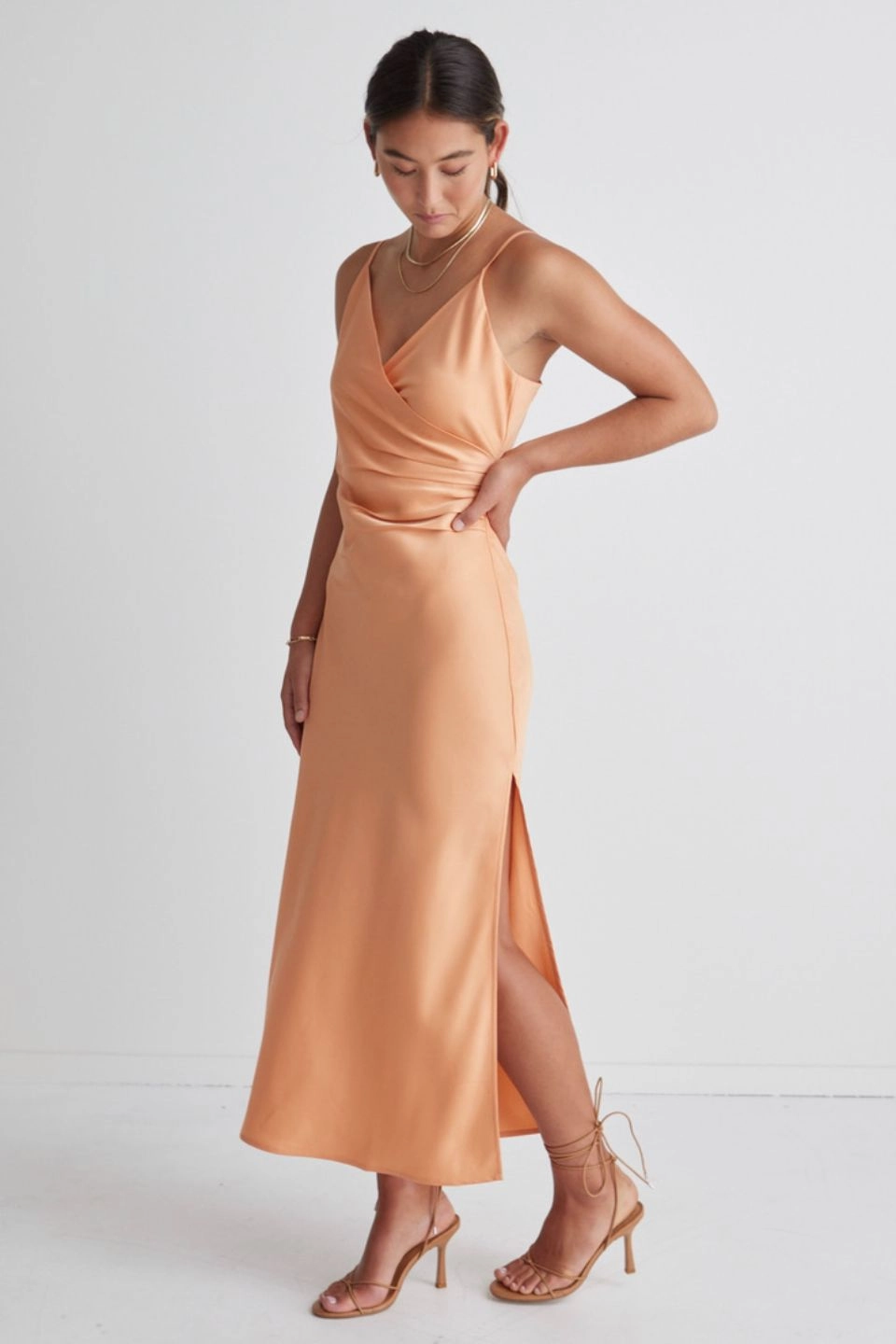 Rapture Papaya Satin Strappy Mock Wrap Midi Dress Style Blend