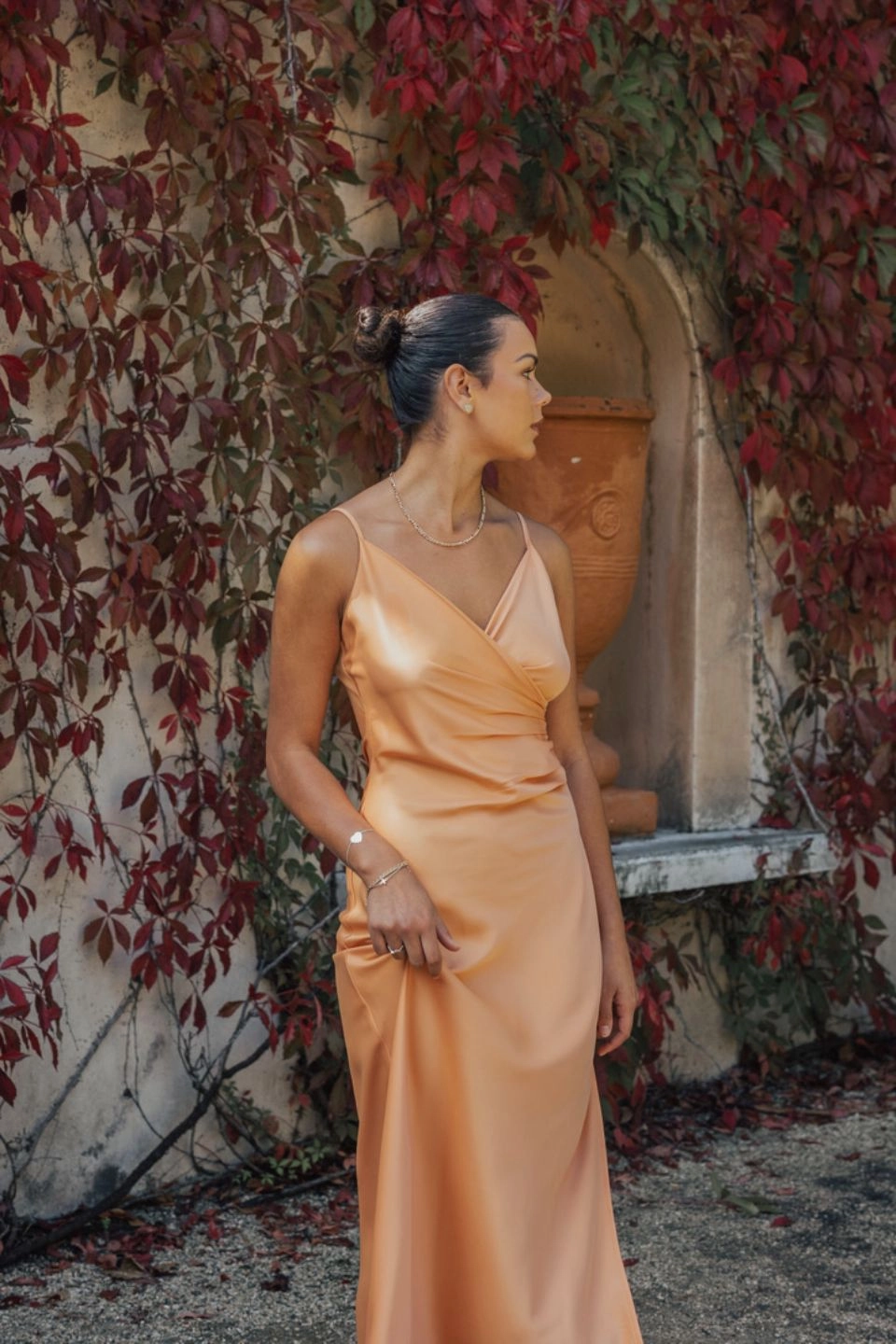 Non-Iron Elegant Simplicity Rapture Papaya Satin Strappy Mock Wrap Midi Dress