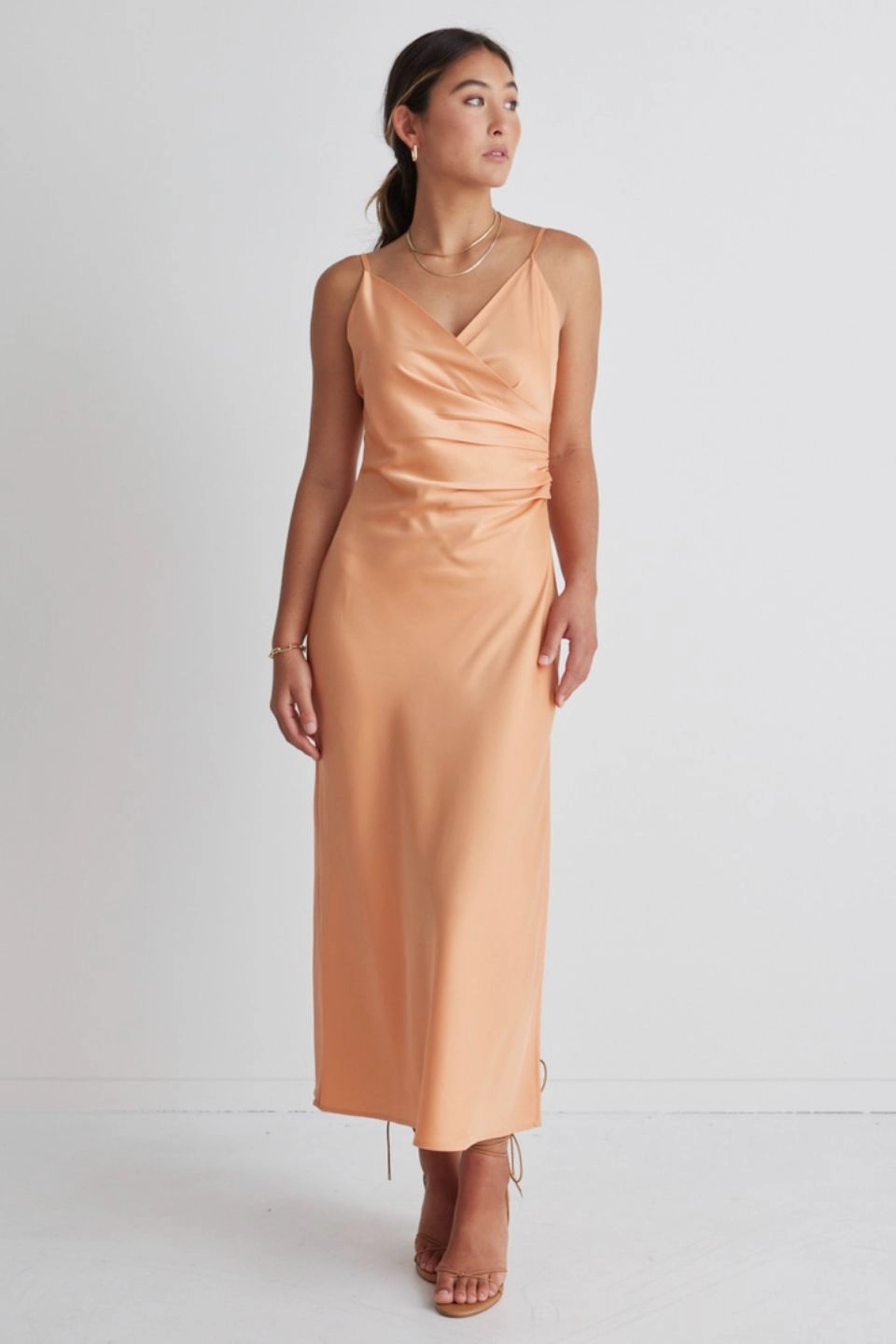 Dressy Glow Rapture Papaya Satin Strappy Mock Wrap Midi Dress