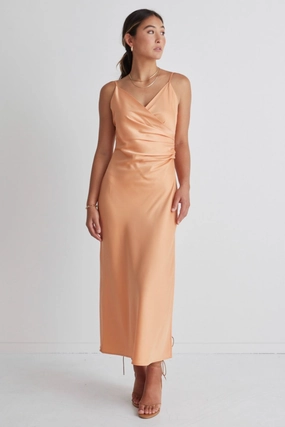 Dressy Glow Rapture Papaya Satin Strappy Mock Wrap Midi Dress