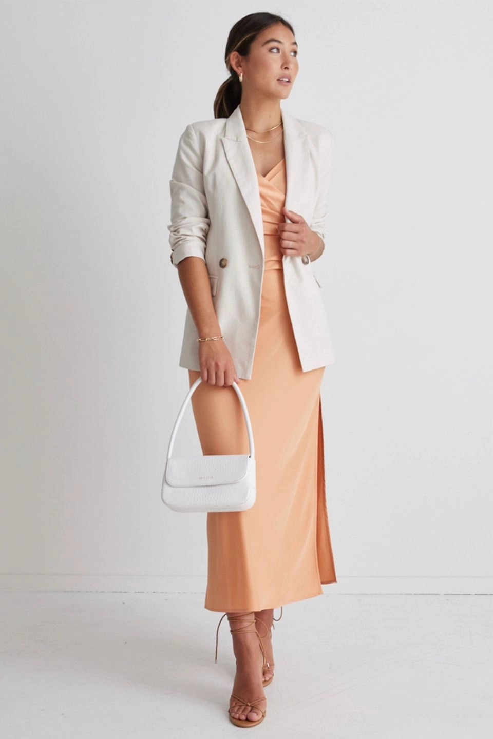 Soft Gradient Casual Style Rapture Papaya Satin Strappy Mock Wrap Midi Dress