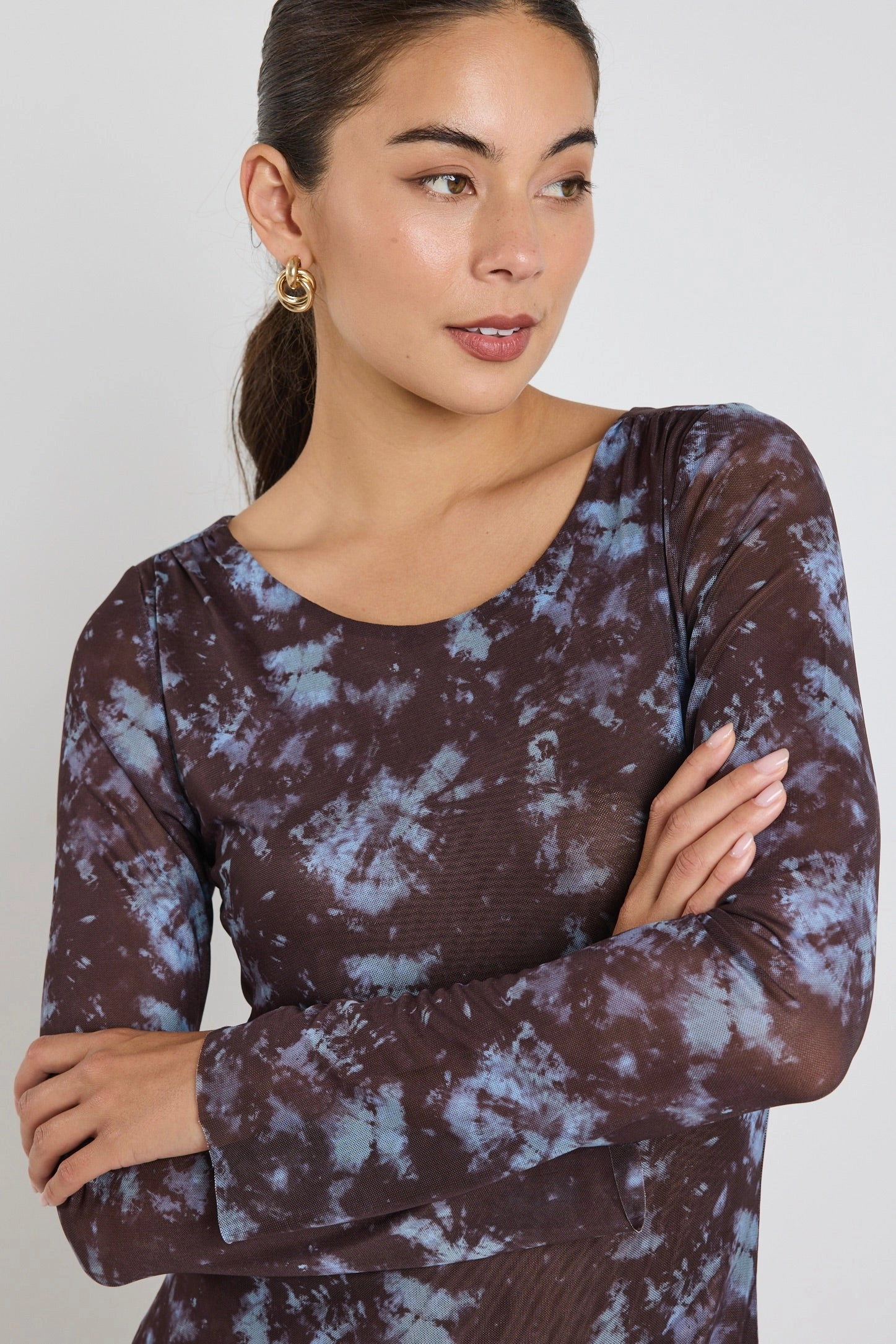 Neutral palette Stylish Touch Promenade Chocolate Tie Dye Mesh Long Sleeve Midi Dress