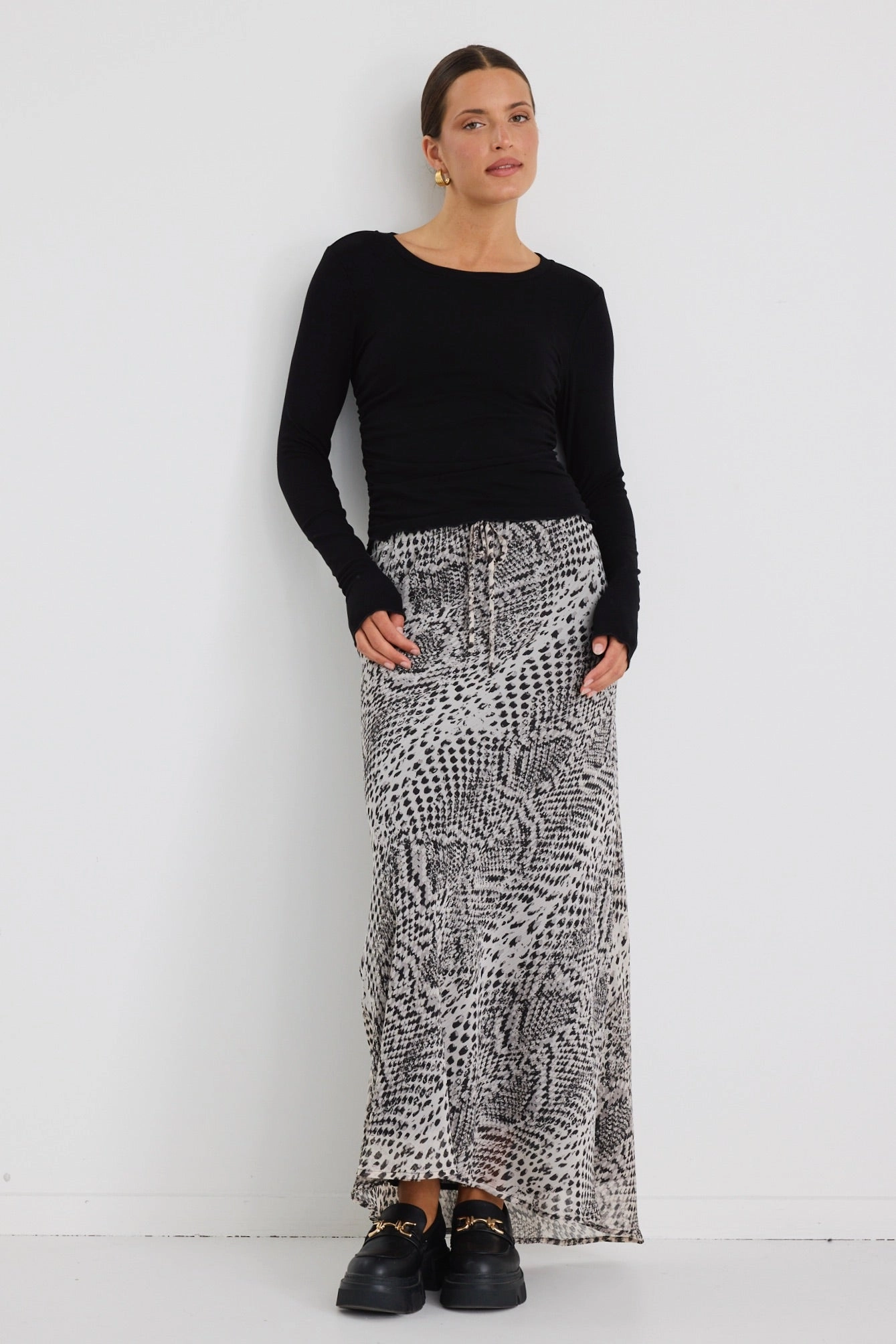 Rarity Charcoal Snake Tie Waist Bias Maxi Skirt Foldable Design High Street Chic