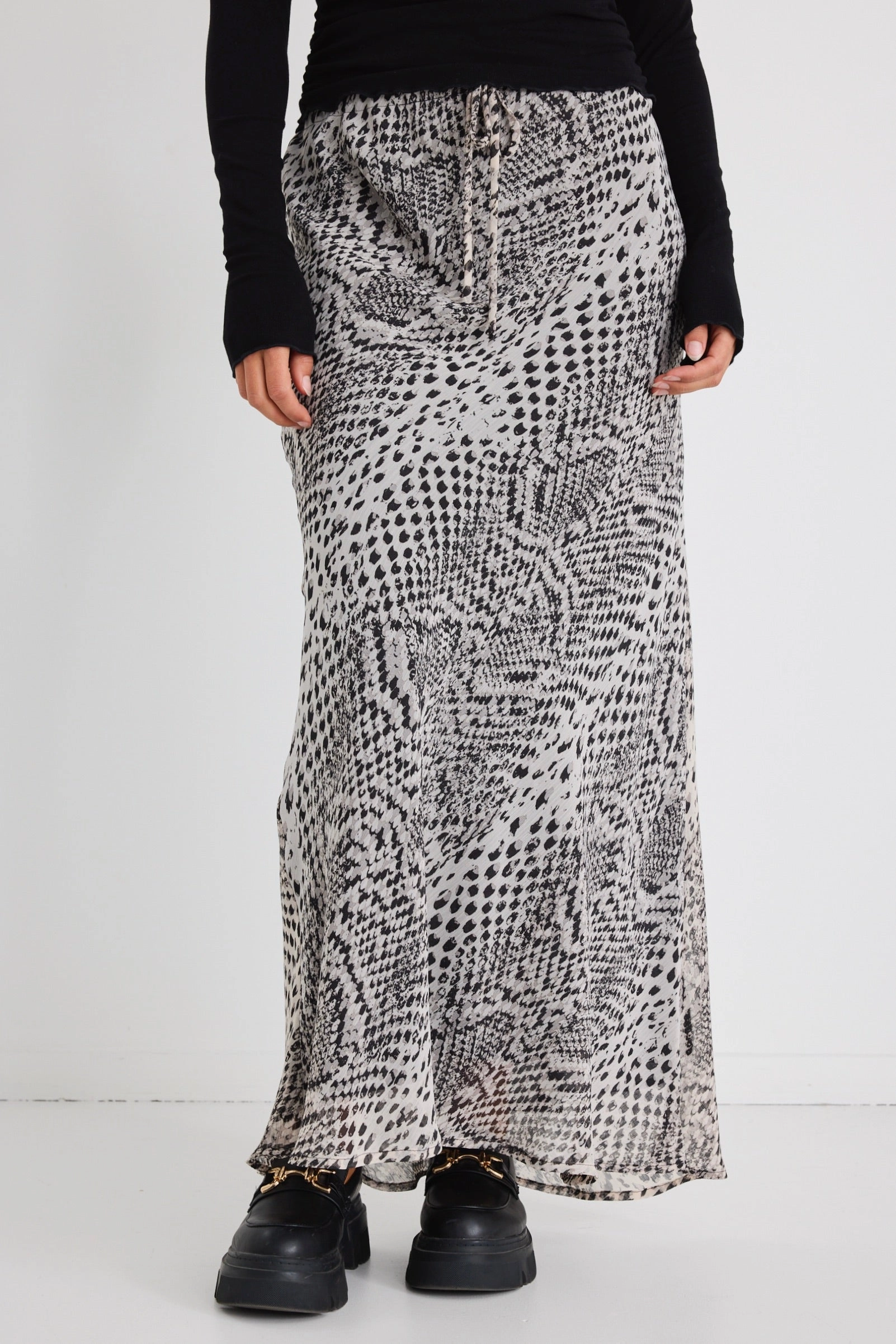 Polka Dot Knitted Fabric Rarity Charcoal Snake Tie Waist Bias Maxi Skirt