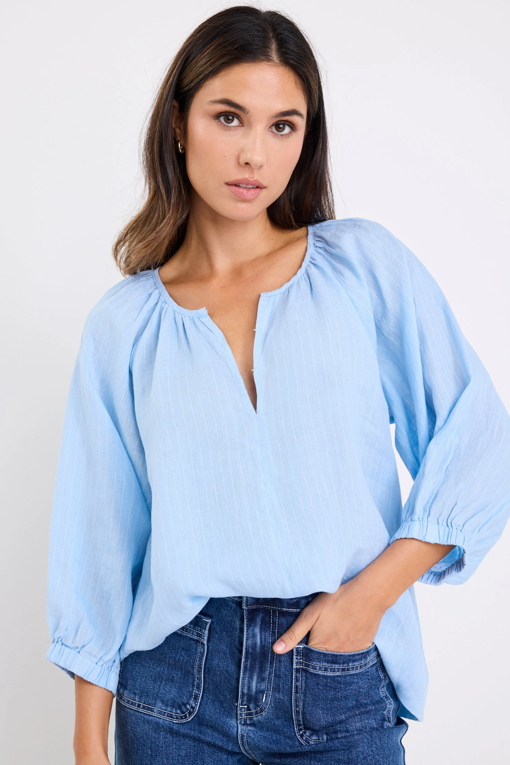 Revolutionary Sky Blue Stripe Linen Relaxed LS Top Flowy Tunic