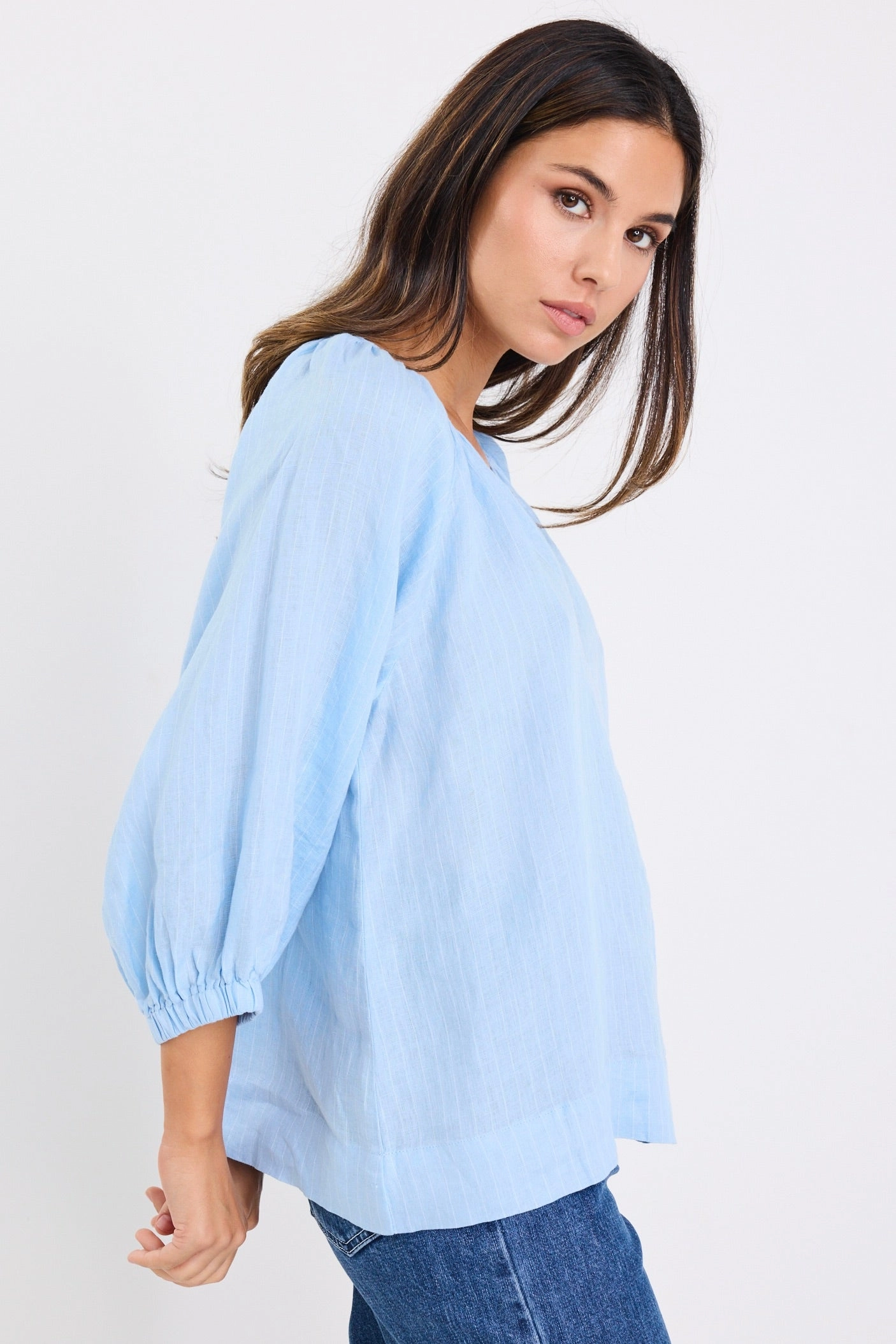 Revolutionary Sky Blue Stripe Linen Relaxed LS Top Buttonless Closure
