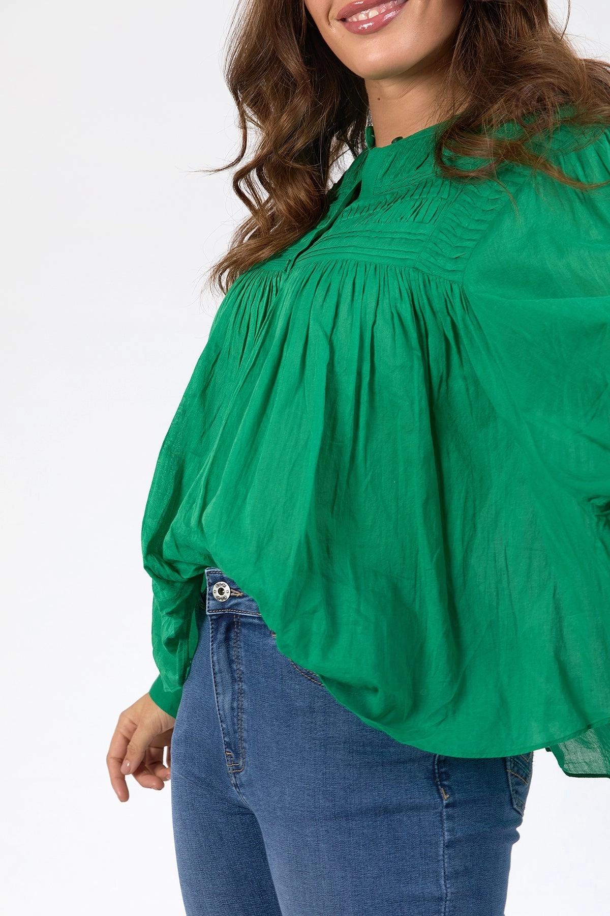 Breathable Underarm Gussets Montanna Pine Green Shirred Button Through LS Blouse