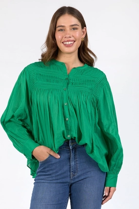 Montanna Pine Green Shirred Button Through LS Blouse Wrinkle Free Texture
