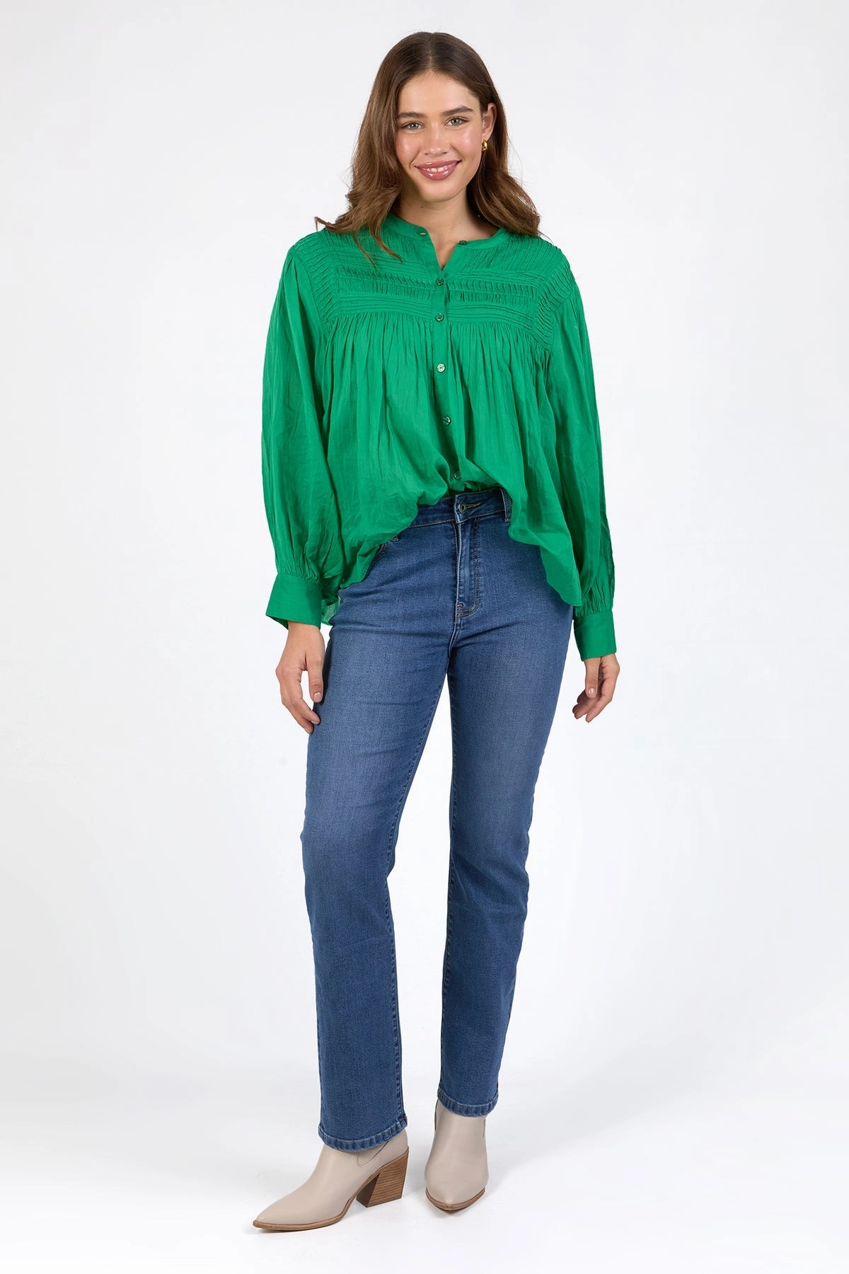 Thermal Insulation Layer Montanna Pine Green Shirred Button Through LS Blouse
