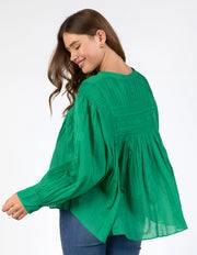Montanna Pine Green Shirred Button Through LS Blouse Fitted Design