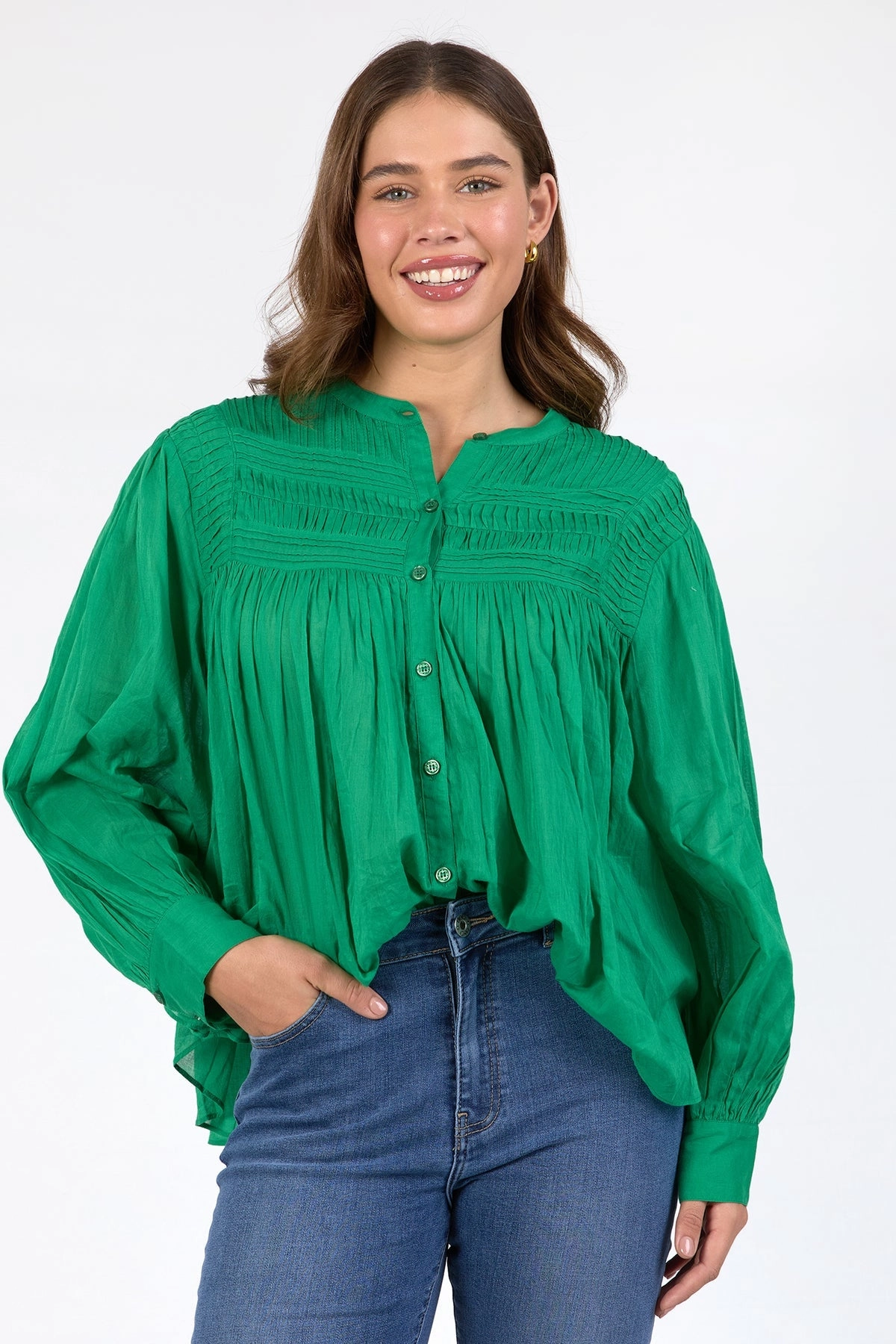Montanna Pine Green Shirred Button Through LS Blouse Wrinkle Free Texture