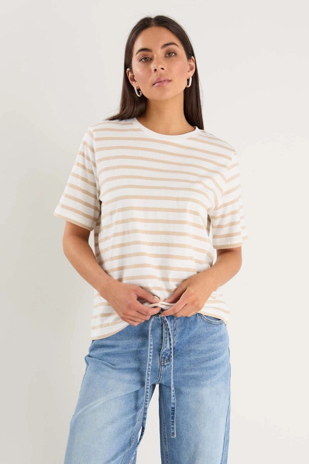 Binding White Natural Stripe Boxy Fit Tee BiodegradableFabric Ribbed Trim