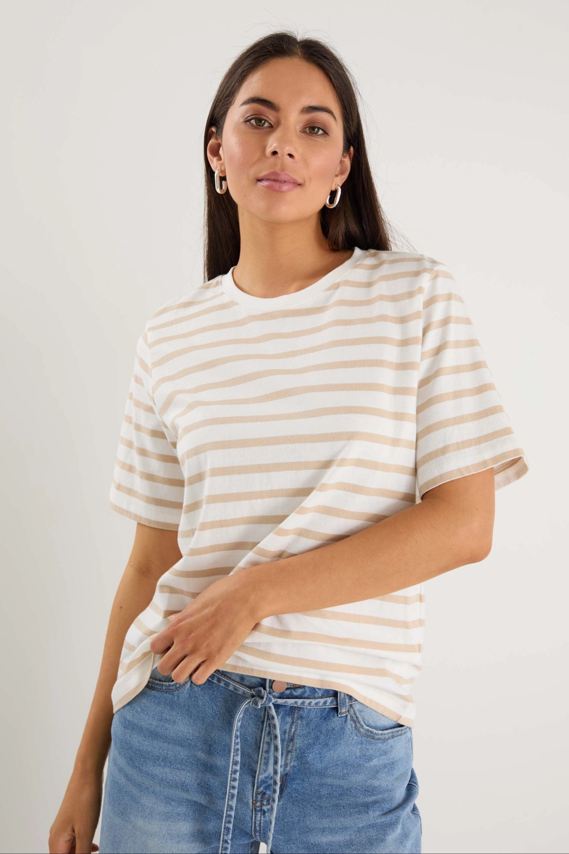 Binding White Natural Stripe Boxy Fit Tee Airflow Mesh Insert