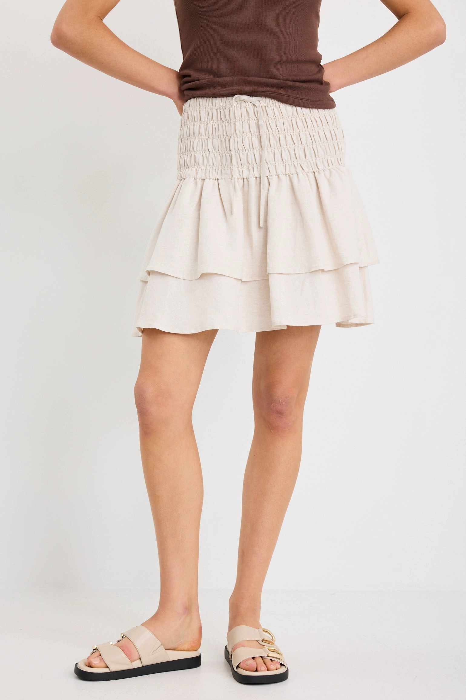 Lennox Natural Shirred Linen Blend Tiered Mini Skirt Daily Mood