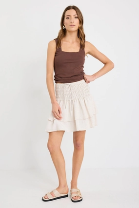 Moisture Wicking Textile Lennox Natural Shirred Linen Blend Tiered Mini Skirt