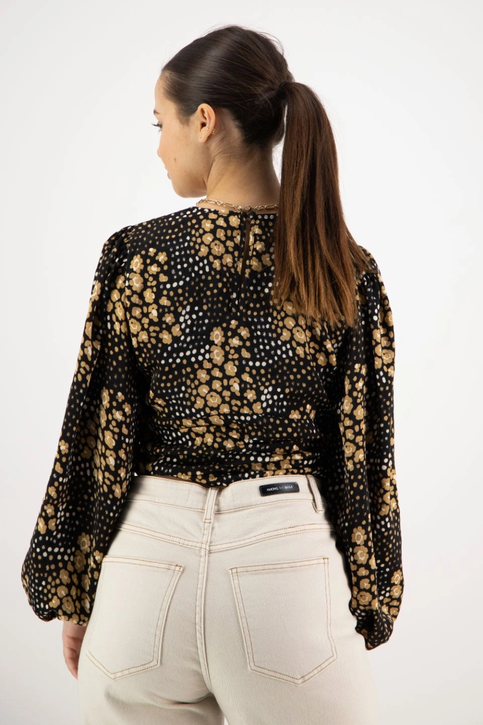 summer top Reign Gold Spot LS Balloon Sleeve Plunge Button Front Crop Top