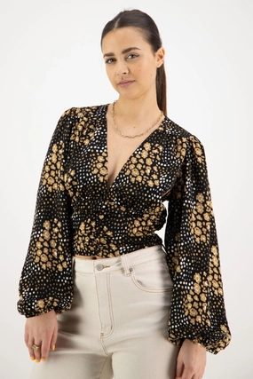 Reign Gold Spot LS Balloon Sleeve Plunge Button Front Crop Top Hydrophobic Threadwork Button Down Collar