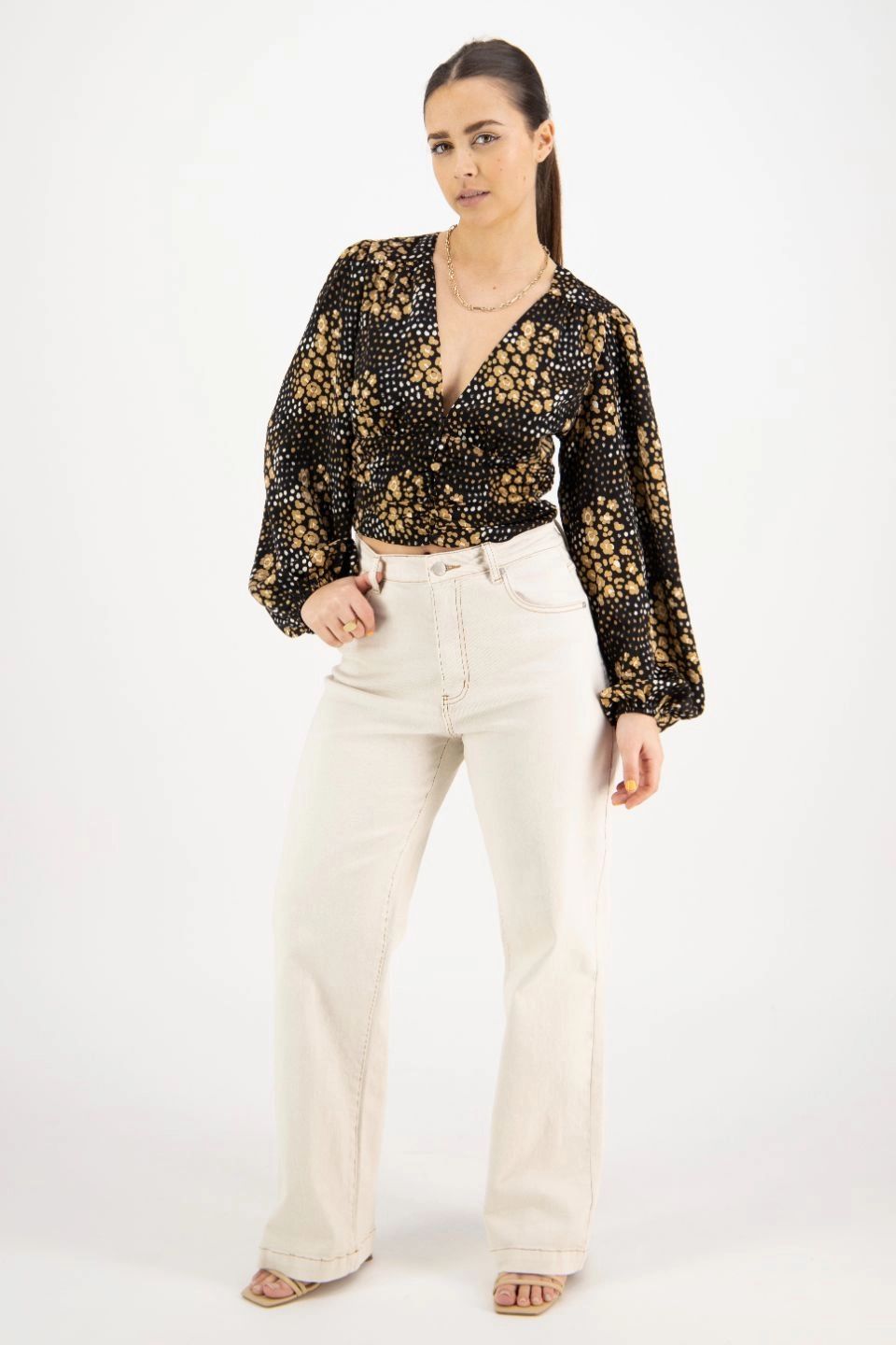 Fade Resistant Dye Reign Gold Spot LS Balloon Sleeve Plunge Button Front Crop Top
