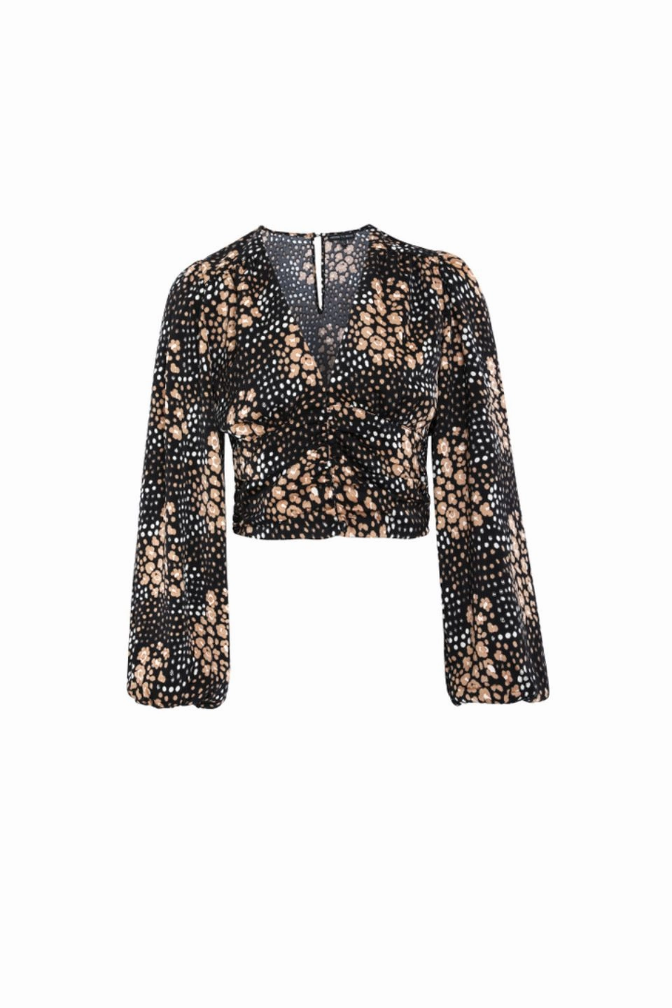 Reign Gold Spot LS Balloon Sleeve Plunge Button Front Crop Top TumbleDryFriendlyMaterial