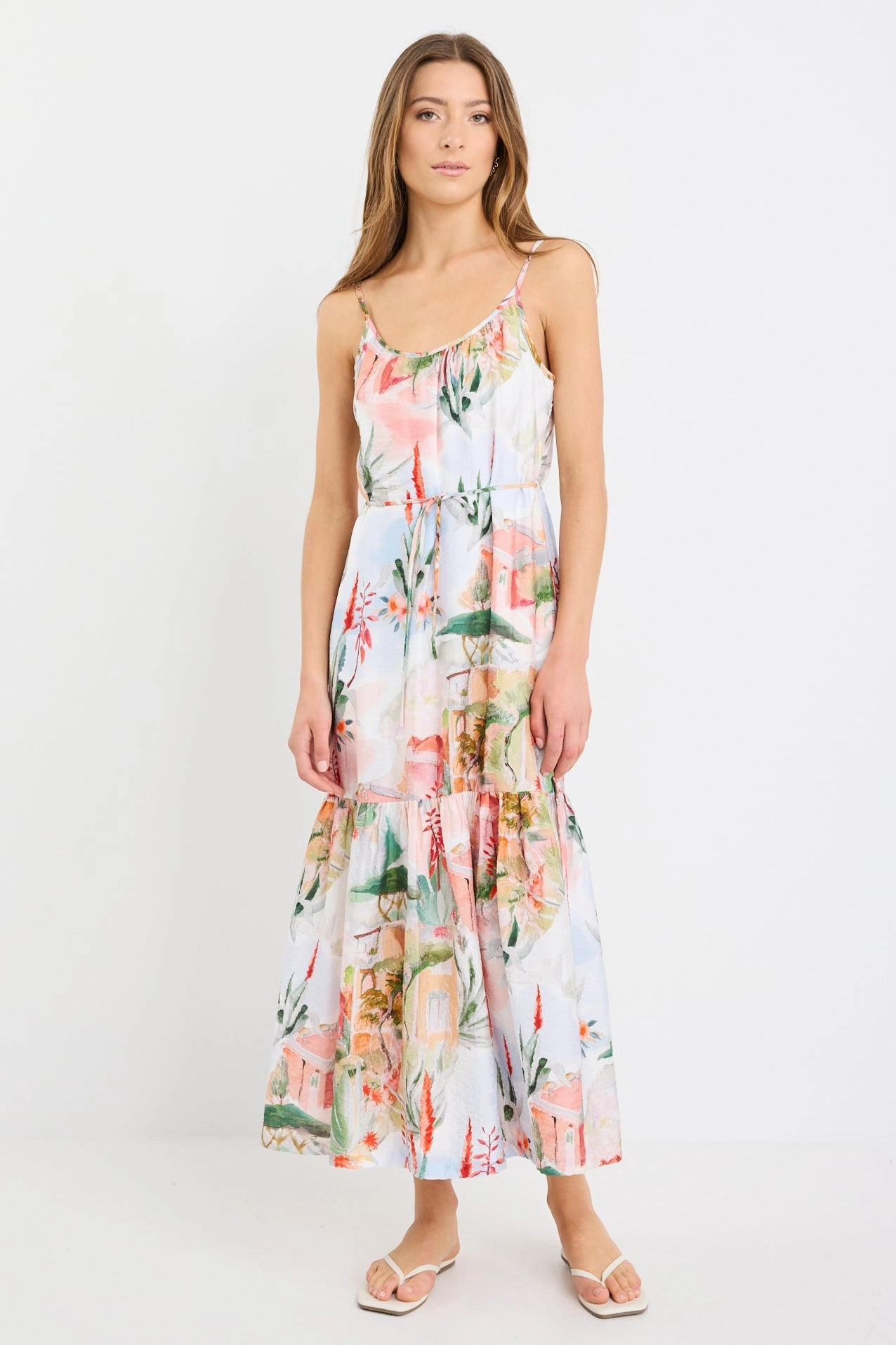 Relax Tuscan Sunset Strappy Tiered Midi Dress Capsule-Wardrobe