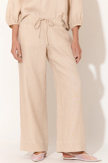 June Camel Contrast Stitch Linen Pant Chill Fit Travel Ready Fit